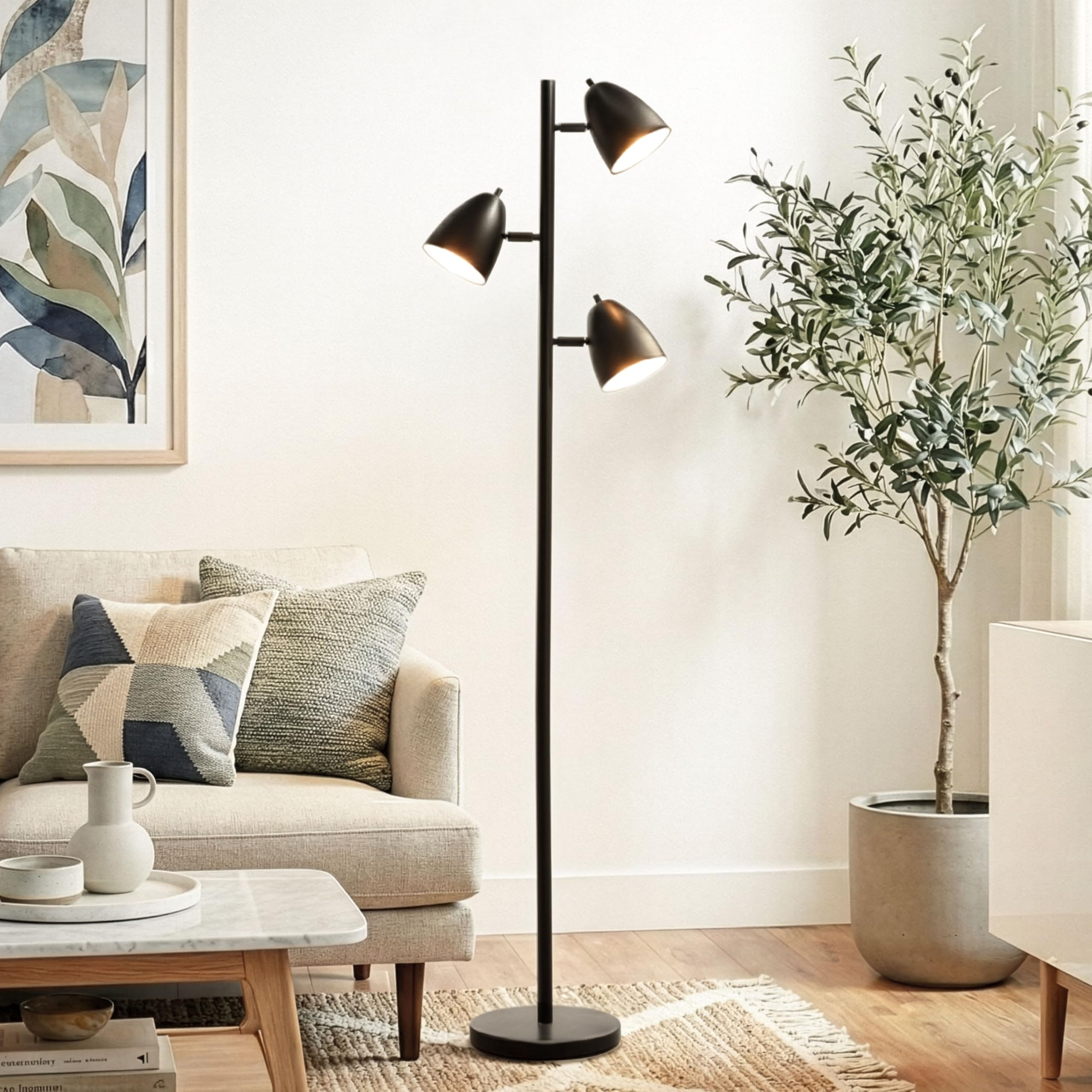 Brightech Jacob LED Standing Lamp, Modern Bright Floor Lamps for Living Rooms & Bedrooms, Tall LED Lighting Lamp with Adjustable 3 Light Tree – Classic Black