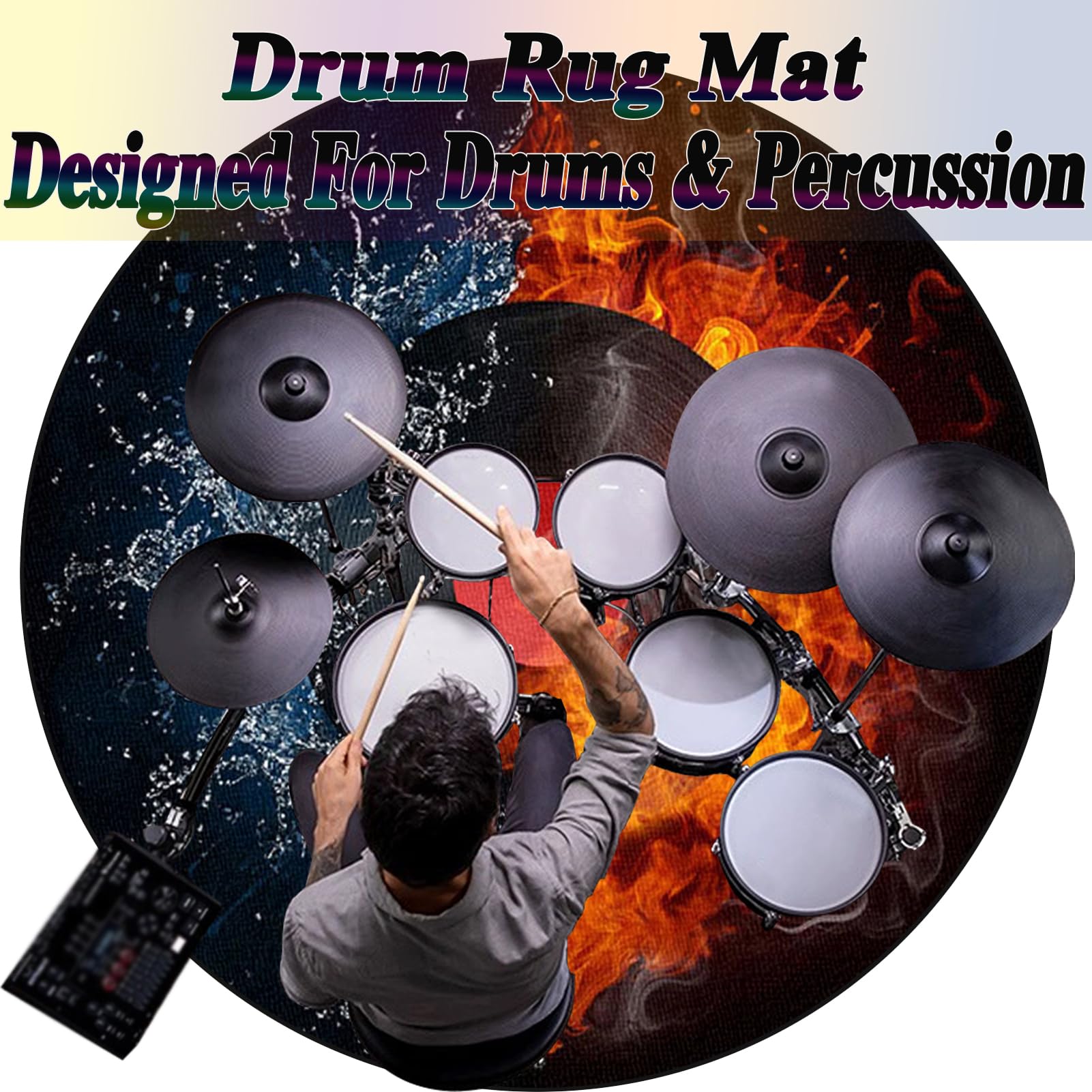 Rund Schlagzeugteppich, rutschfest Schalldicht Drum Teppich Matte Innen und Außen Trommelteppich, Elektronisches Jazz Schlagzeug Kit für Bass Snare Drum, Outdoor Schallschutz Akustik Teppich 120 cm
