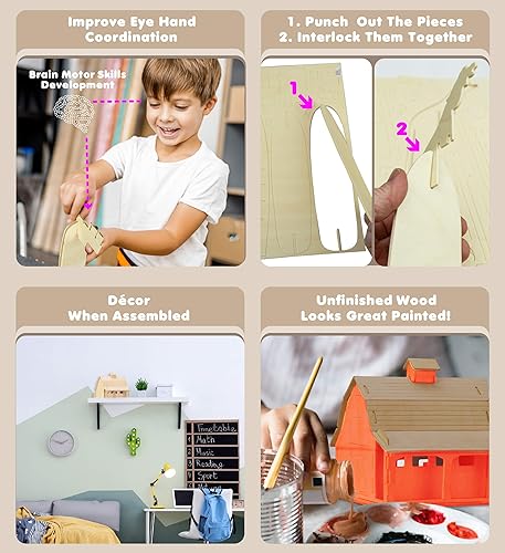 Miniatura 3 de Puzzled Farm Barn - Kit de construcción de juguete de madera 3D para niños y adultos, juego de granja 3D, kit de construcción para niños, divertidos