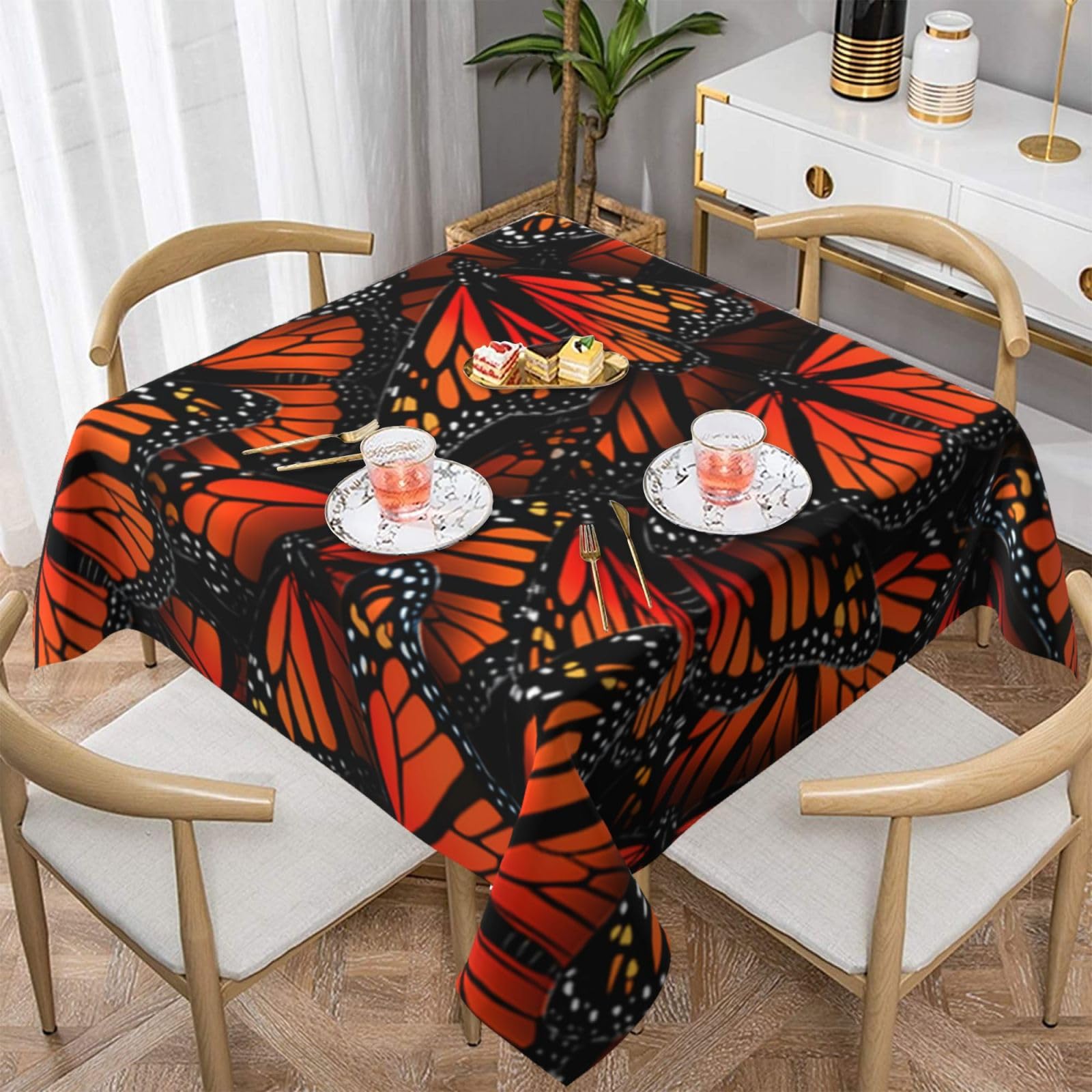 DCEHGEW Monarch Butterflies Prints Square Tablecloth 137x137 CM, Waterproof Fabric Table Cloth for Dining Table, Farmhouse Table Cover for Kitchen Dining Tabletop Decoration