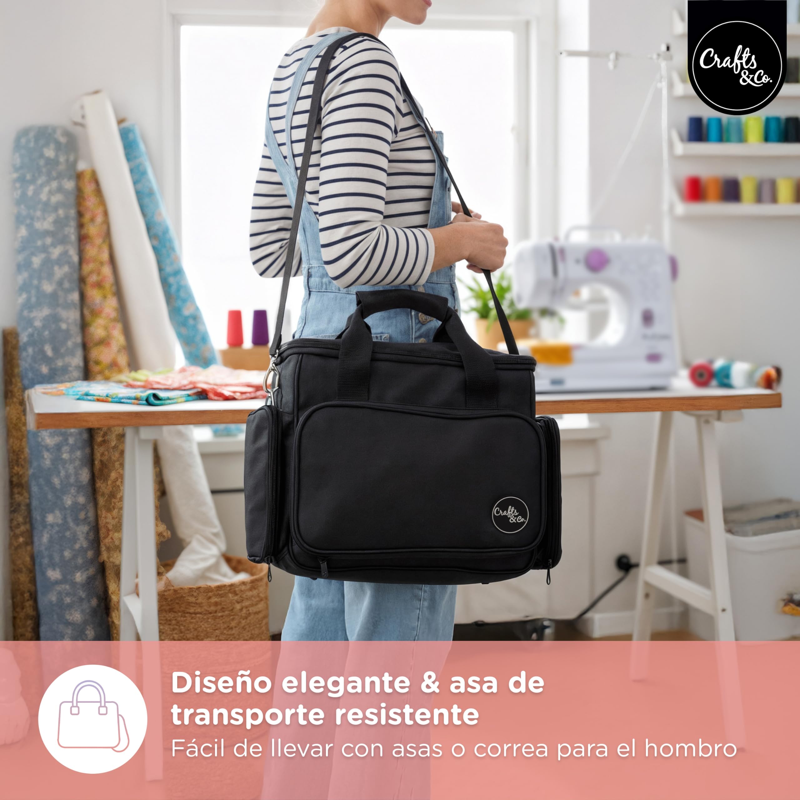 Crafts&Co® | Bolsa de máquina de coser con asas sólidas | Bolsa de transporte para máquina de coser | Con prácticos compartimentos de almacenamiento | Negro, negro, DIY
