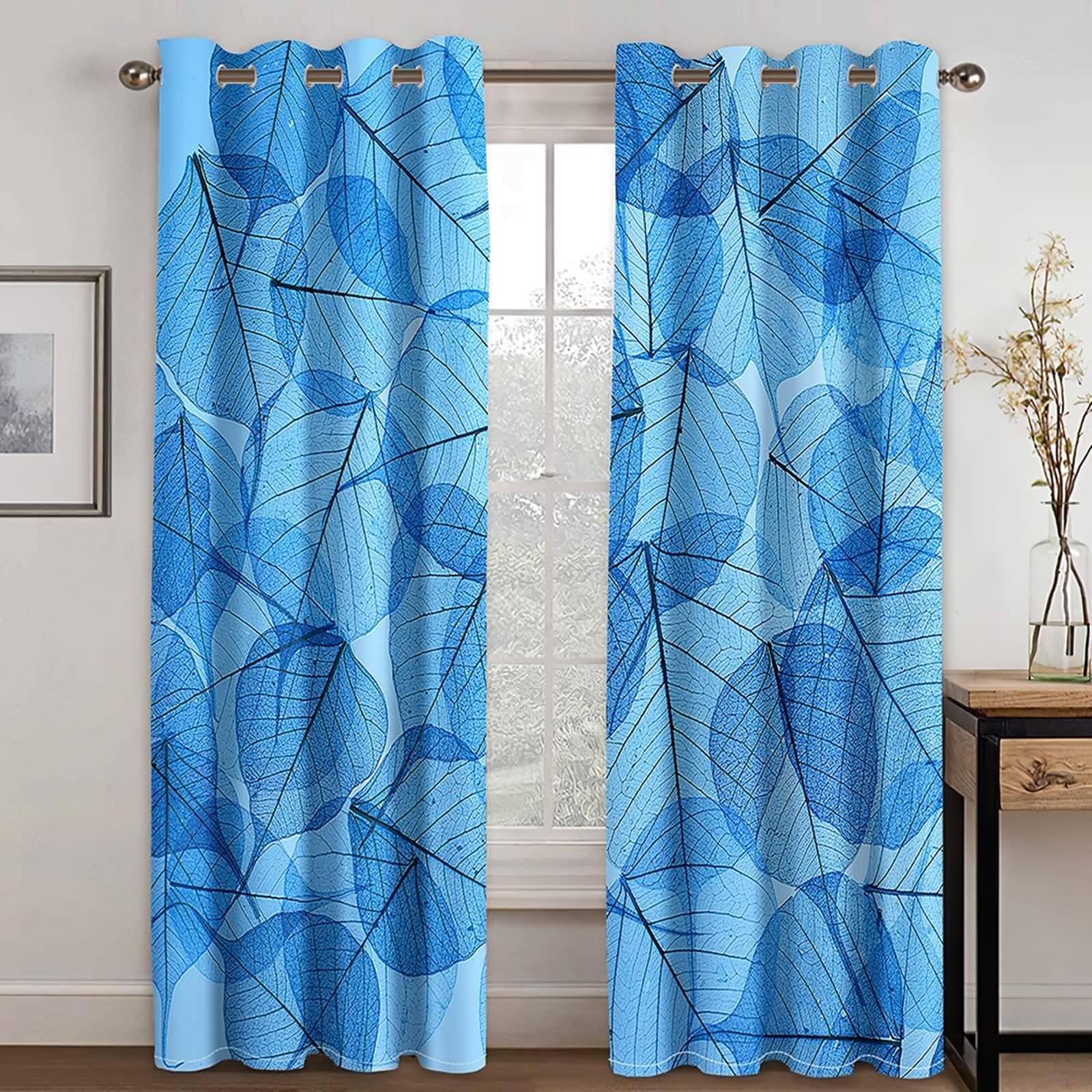 Blickdichter Vorhang mit Ösen, 86x183cm Blau Schwarz Blaue Blätter Verdunklungsvorhänge mit Ösen