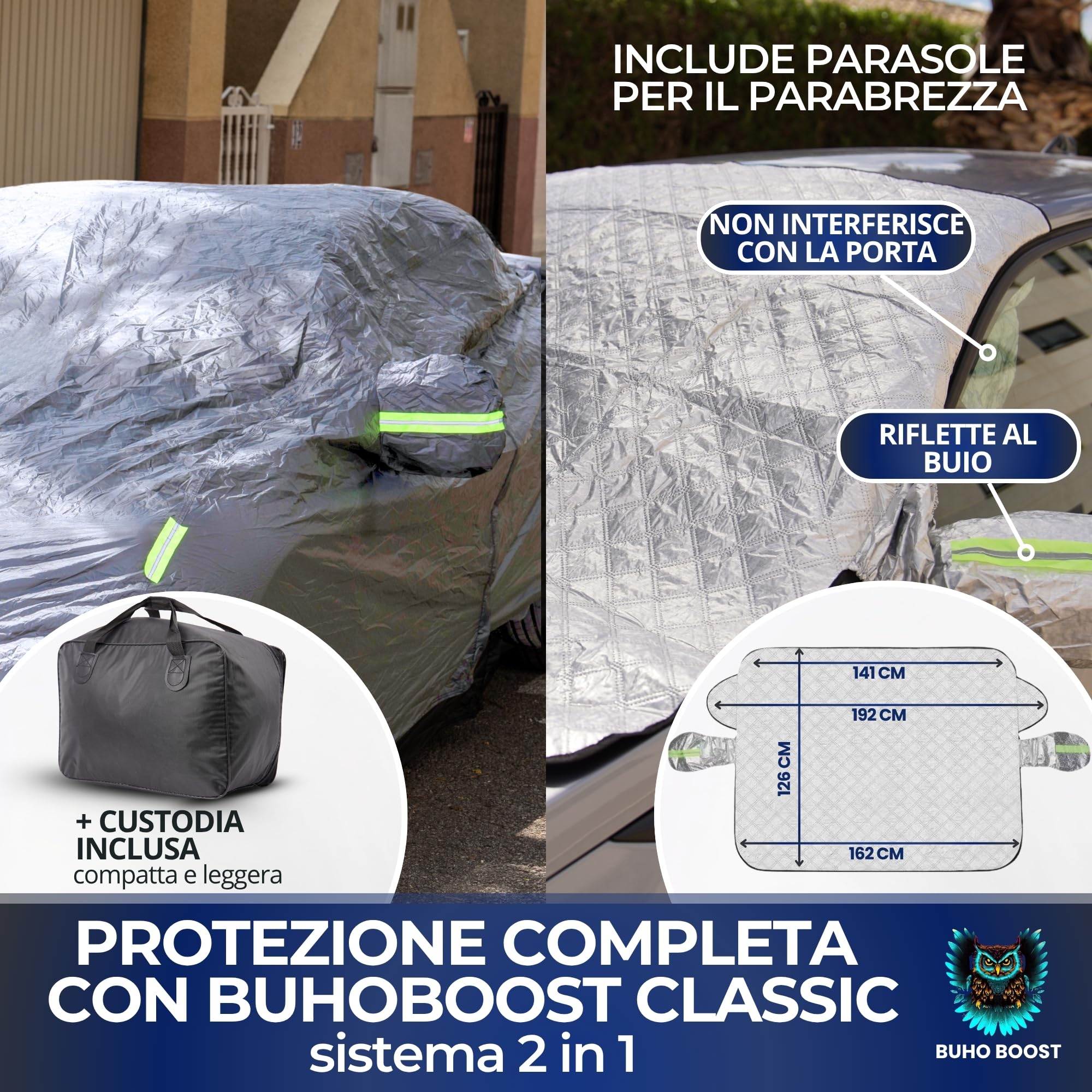 Classic - Telo Auto 100% Impermeabile con Parasole Incluso - Telo Copriauto Da Esterno con 2 Zip Strategiche - Protezione Completa Pioggia/Neve/UV/Polvere - Misura Universale Auto SUV