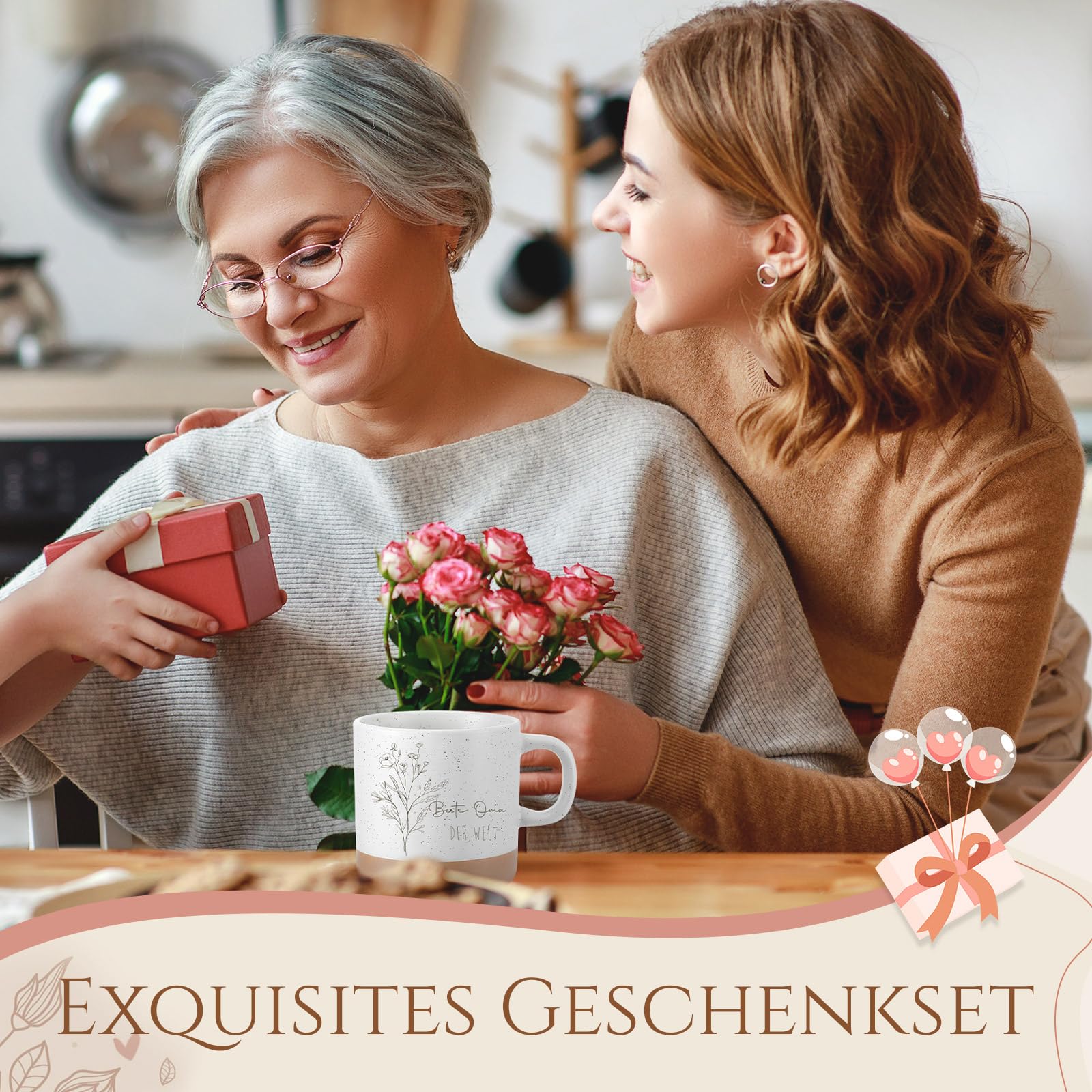 Geiserailie Oma Geschenke Beste Oma Der Welt Holztablett mit Gravur Tasse Herz Holzschild Anhänger Umschlag Geschenk für Großmutter von Enkel zum Geburtstage Weihnachten Jahrestag Muttertag