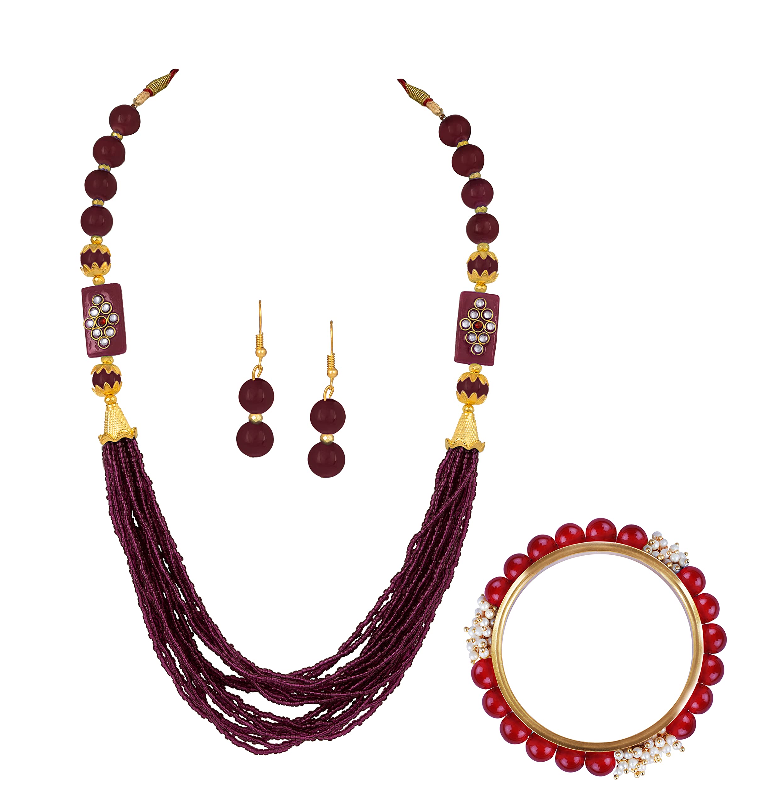 JFL - Jewellery for Less Ethnic Gold Plated Fancy Beaded Side Kundan Pendant Necklace Set Combo with Cluster Pearl Beads Bangles for Women & Girls (Maroon- 28),Valentine (B09Y8Y9GCV) Amazon Price History, Amazon Price Tracker