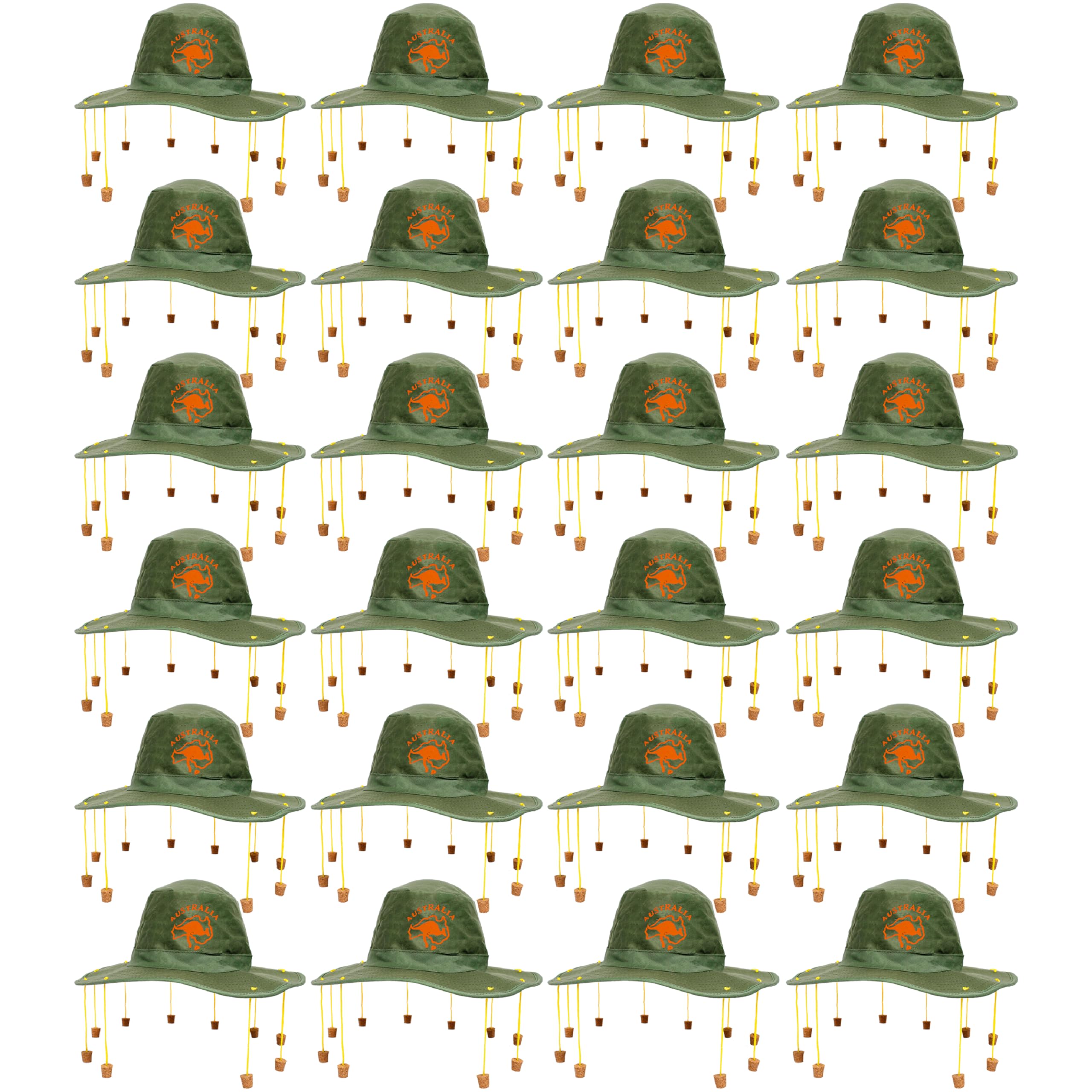 Australian Cork Hat - Pack of 24 - Green Hat with Orange Kangaroo Print and Attached Corks on Strings - Australia Day Fancy Dress Costume Accessory