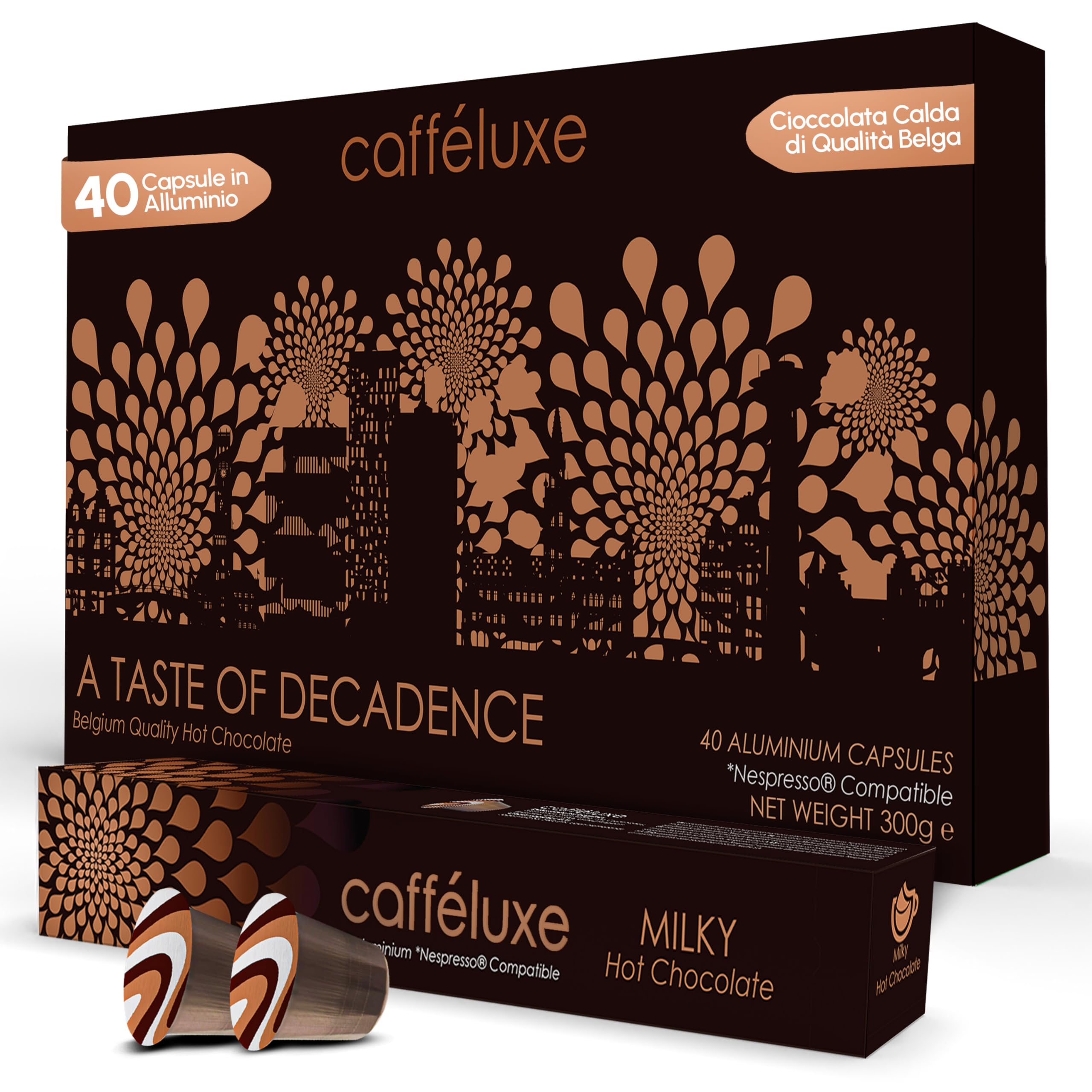Cafféluxe A Taste of Decadence Capsule di Cioccolata Calda – Un Perfetto Mix di Cioccolato Morbido e Cremoso in 40 Capsule Compatibili con Macchine Nespresso – Capsule Ispirate al Cioccolato Belga