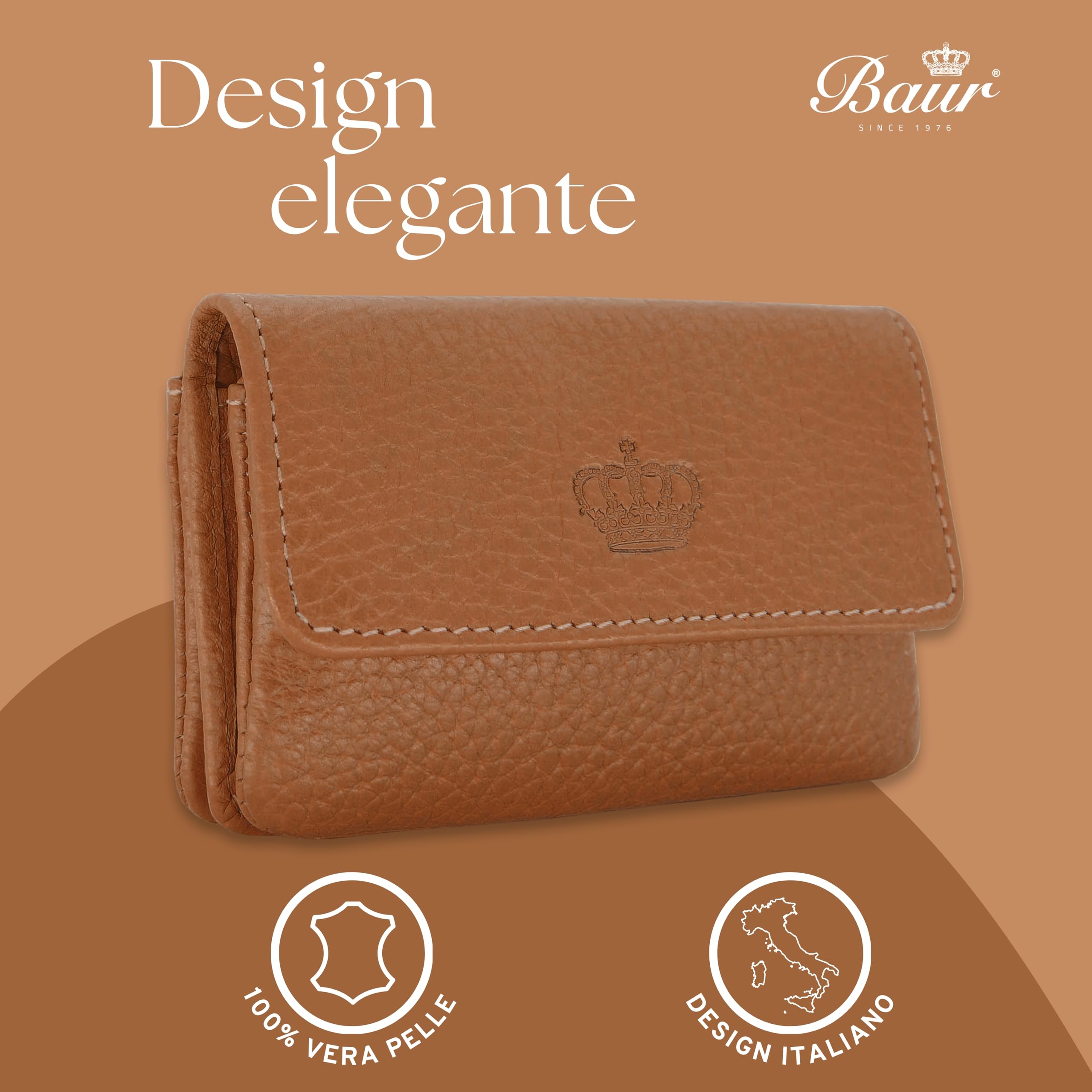 Baur portachiavi da donna in vera pelle – astuccio chiavi con anello in metallo e chiusura a bottone – piccolo portafoglio con cerniera per banconote, monete e carte (Cognac)
