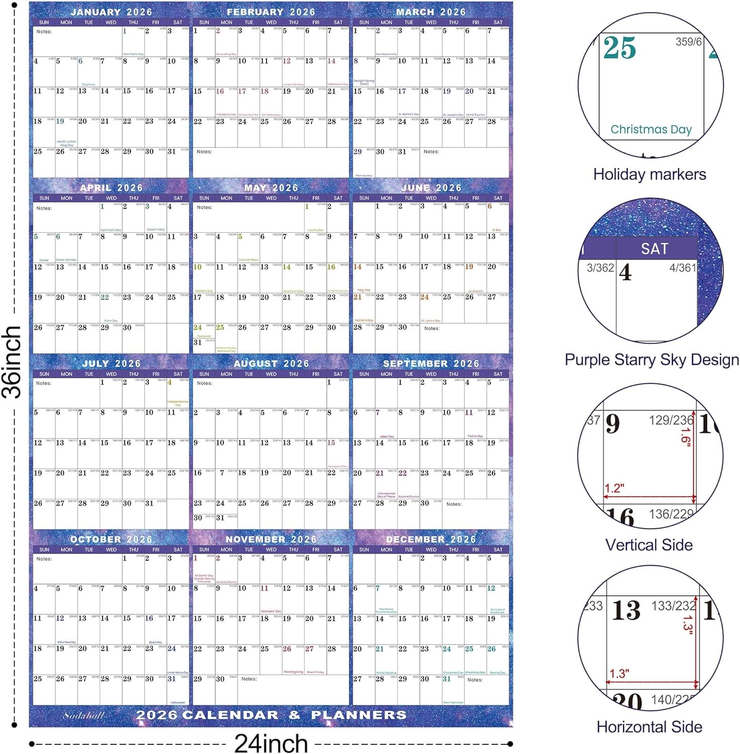 24" x 36" 2026 Wall Calendar Dry Erase - Large Starry Sky Calendar Wet & Dry Erasable Laminated 12 Month Annual Yearly Planner, Reversible, Horizontal/Vertical (2026 Wall Calendar)