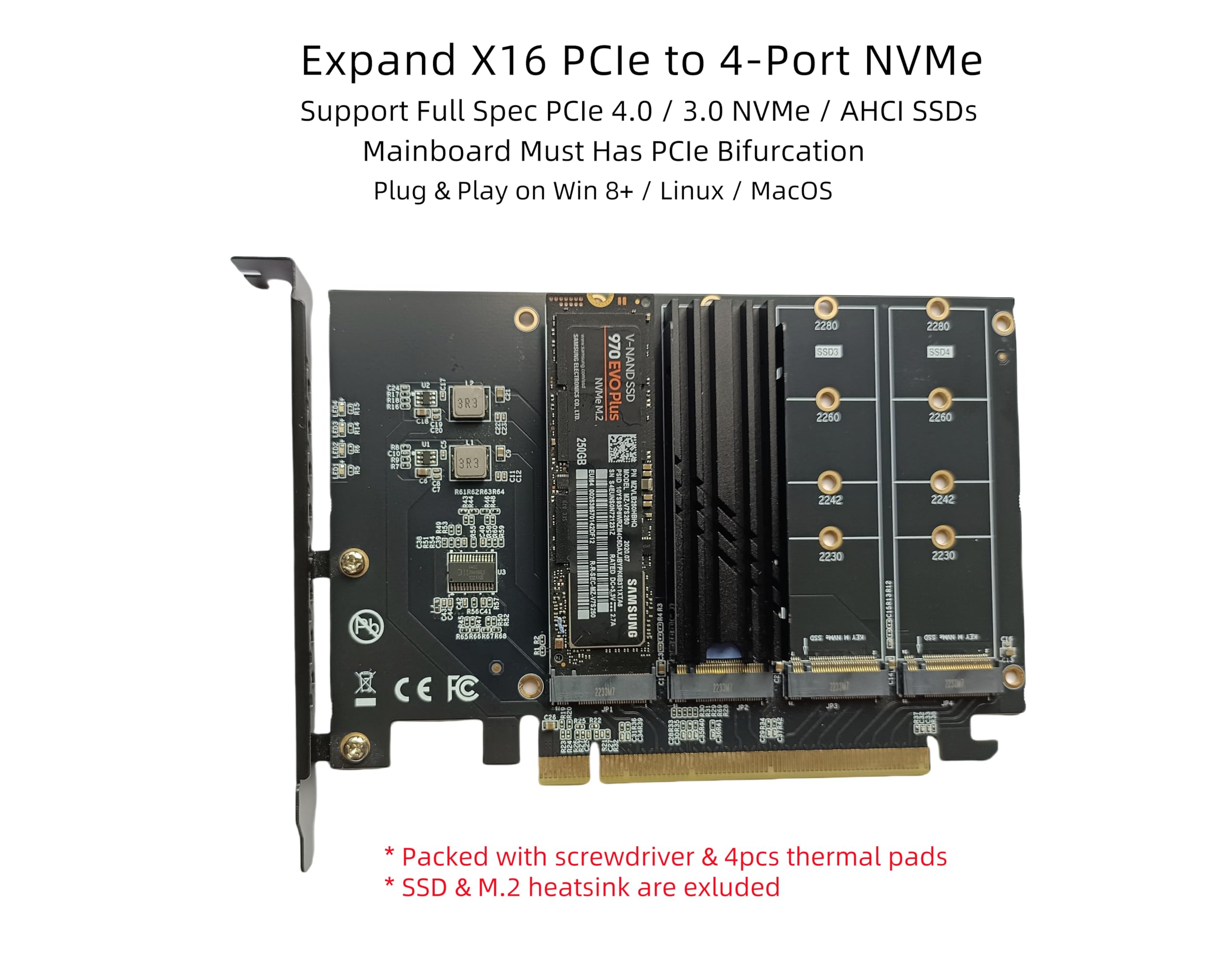 Adattatore Quad NVMe SSD a PCIe 5.0/4.0/3.0 X16, scheda di espansione SSD a 4 dischi, supporta boot/RAID