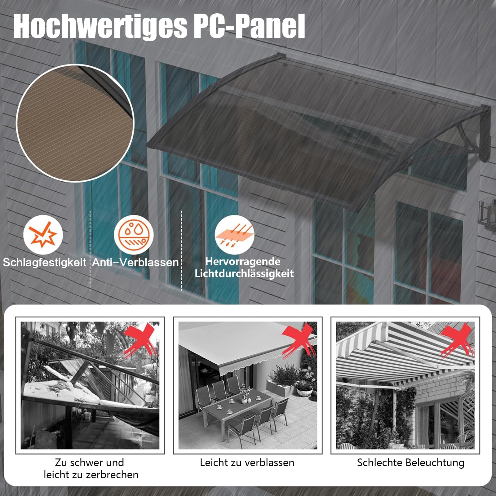 Vordach für Haustür 150x80CM Fenstervordach für Türen, Polycarbonat Pultvordach Überdachung für UV-,Regen- und Schneeschutz – Ideal für Veranda, Terrasse und Fenster