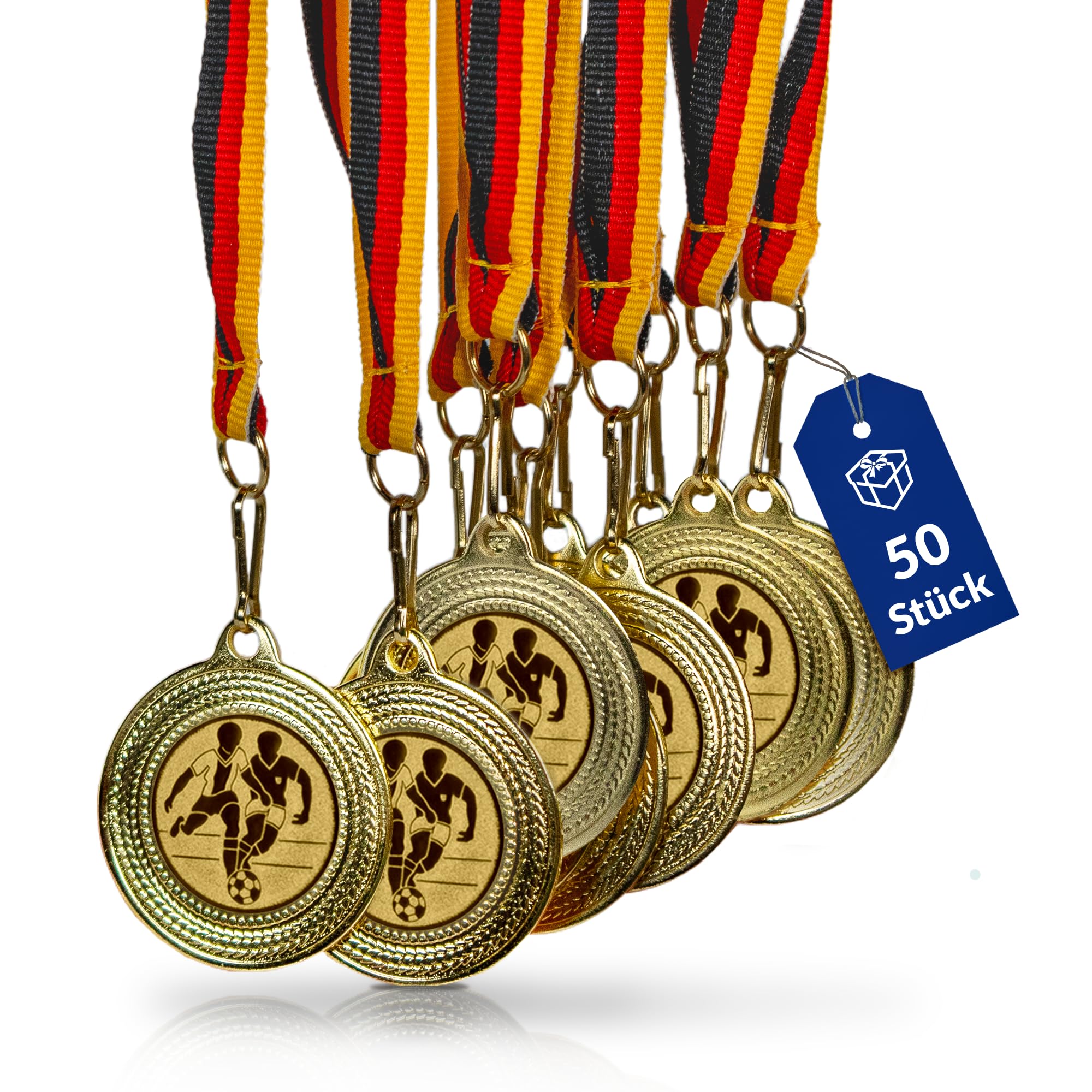 geschenke-fabrik.de Fußball-Medaillen, 10er-Set, Metall, Deutschlandband | Golden zum Umhängen für Siegerehrungen, mit Emblem, für Vereine & Turniere