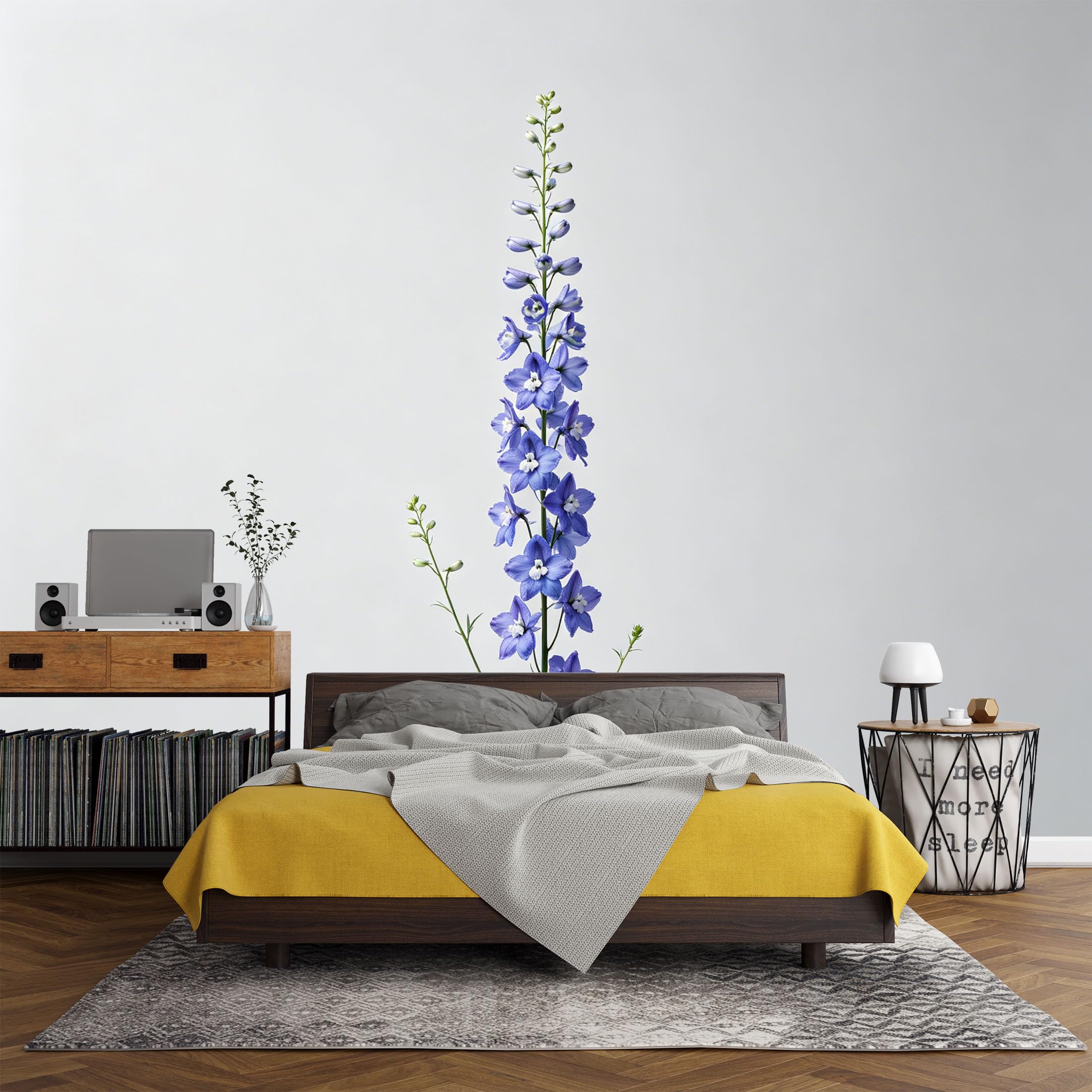 Custom Size Wall Mural， Botanical Blue Delphinium Floral Minimalist Design，SelfAdhesive Art Prints wall Fabric (No PVC) Removable Wallpaper Living Room Decor