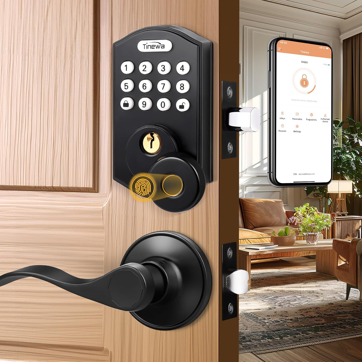 1 Pack Keyless Entry Door Lock Deadbolt with Handle Set, Smart Fingerprint Front Door Lockset with Electronic Keypad, Remote APP Control Matte Black Combination Lock, Easy Install, Auto Lock