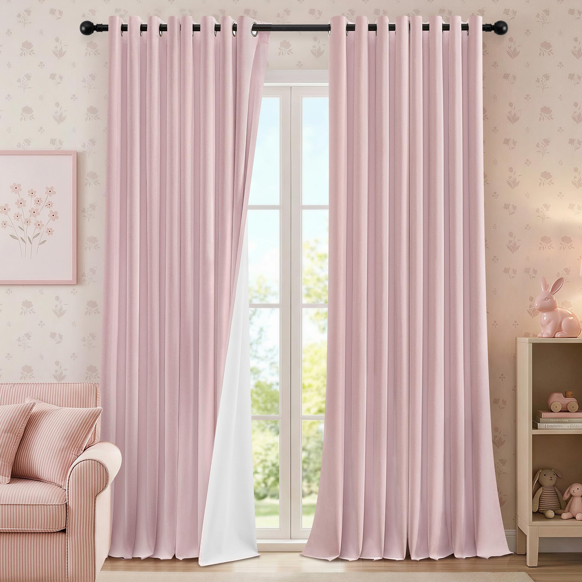 Total Blackout Curtains 102 Inch Drop 2 Panels Faux Linen Curtains for Girls Bedroom Living Room Nursery Decor Thermal Eyelet Bedroom Curtains with Coating Back Layer, One Pair, Pink, 52"W x 102"L