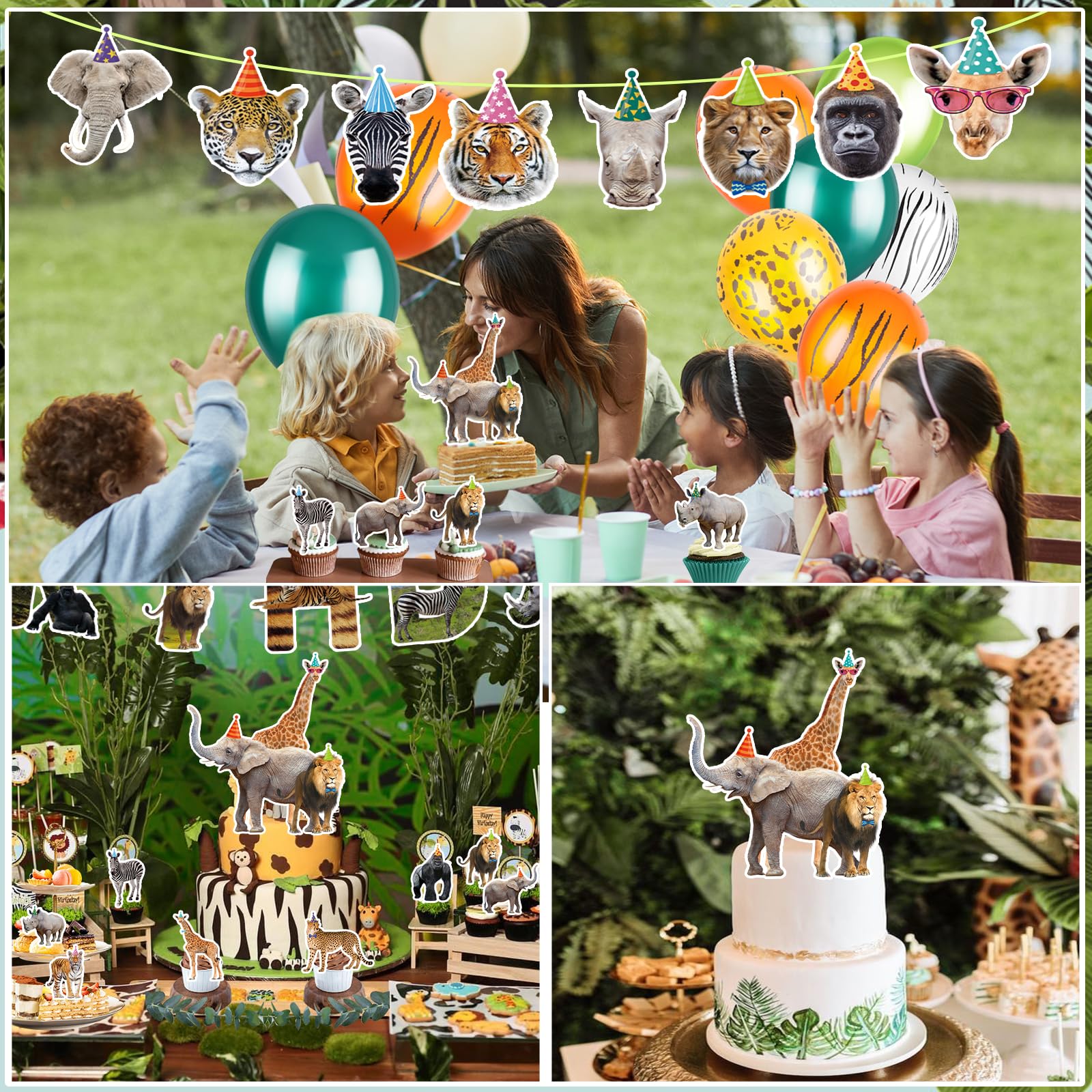 56 Pcs Safari Animal Birthday Party Decorations - Cake Toppers, Hats, Pom Poms, Gift Boxes - View #14