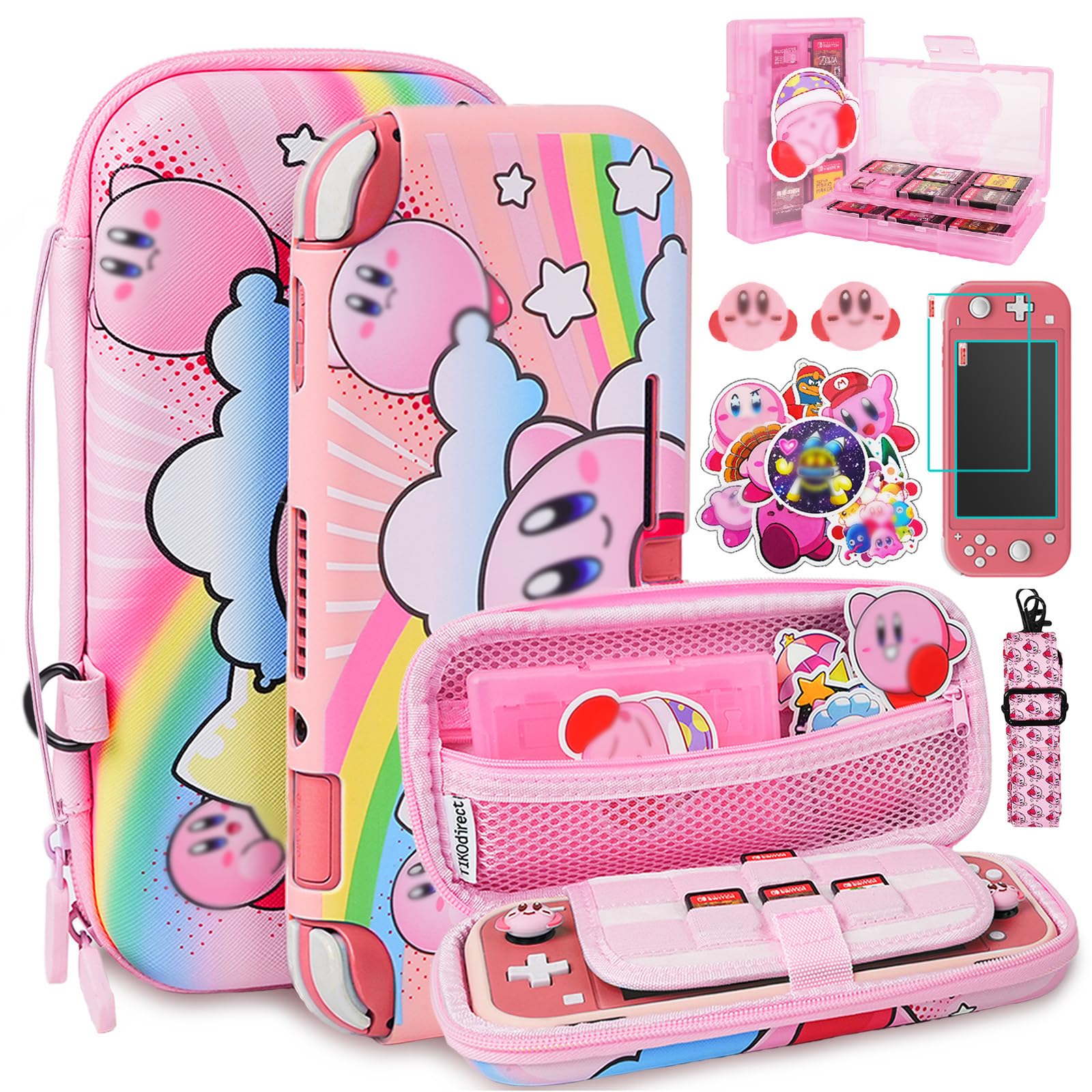 TIKOdirect Tragetasche für Switch Lite, hübsche stoßfeste tragbare Reisetasche mit weicher Schutzhülle, Displayschutzfolien, niedlichen Daumengriffkappen und Spielkartenetui, rosa Regenbogen