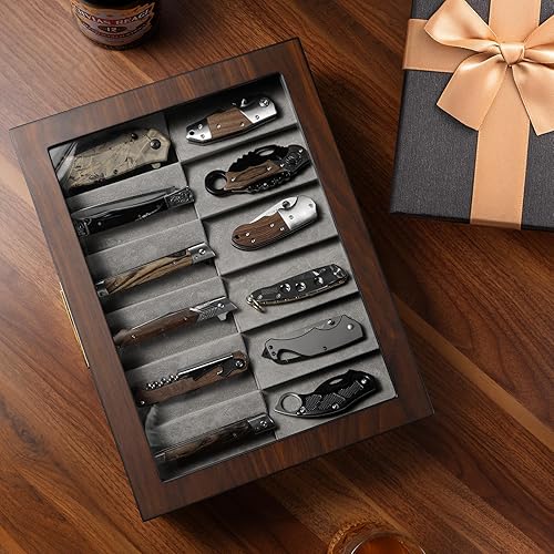 Miniatura 7 de Ikkle Vitrina de cuchillos de dos niveles de nogal con cajón y ventana de cristal real para almacenamiento y colecciones de cuchillos