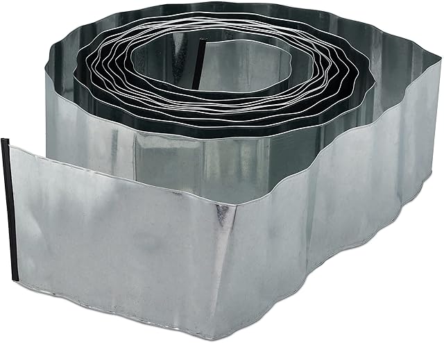 Relaxdays 10m Lawn Edging, Metal Flowerbed Border, Galvanized, Flexible, Garden Fencing, 16 cm Tall, Silver