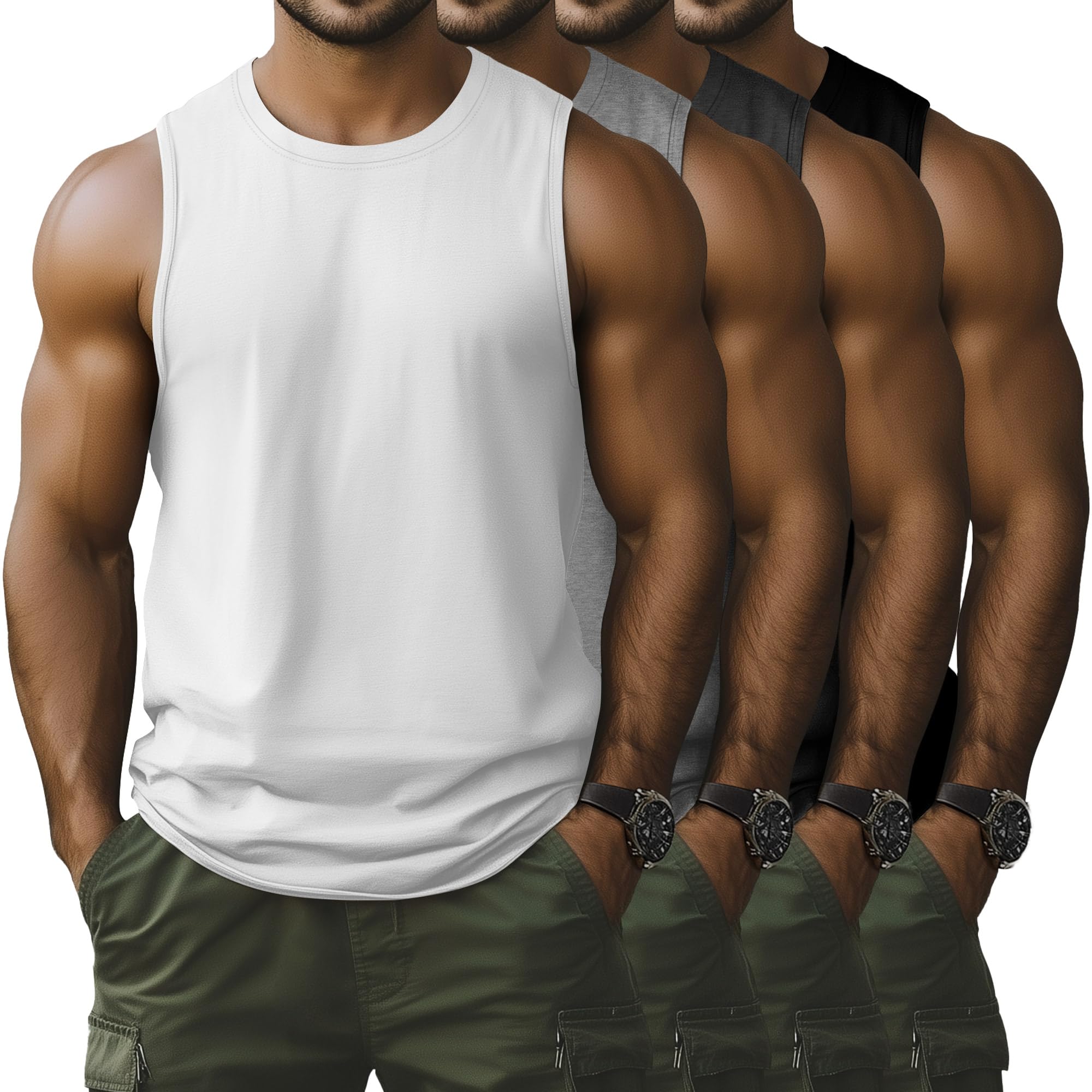 Locoowai 4 Pack Men's Sleeveless Tank Tops, Cotton Crew Neck T Shirts Casual Classic Shirts Workout Muscle Gym Solid Tees