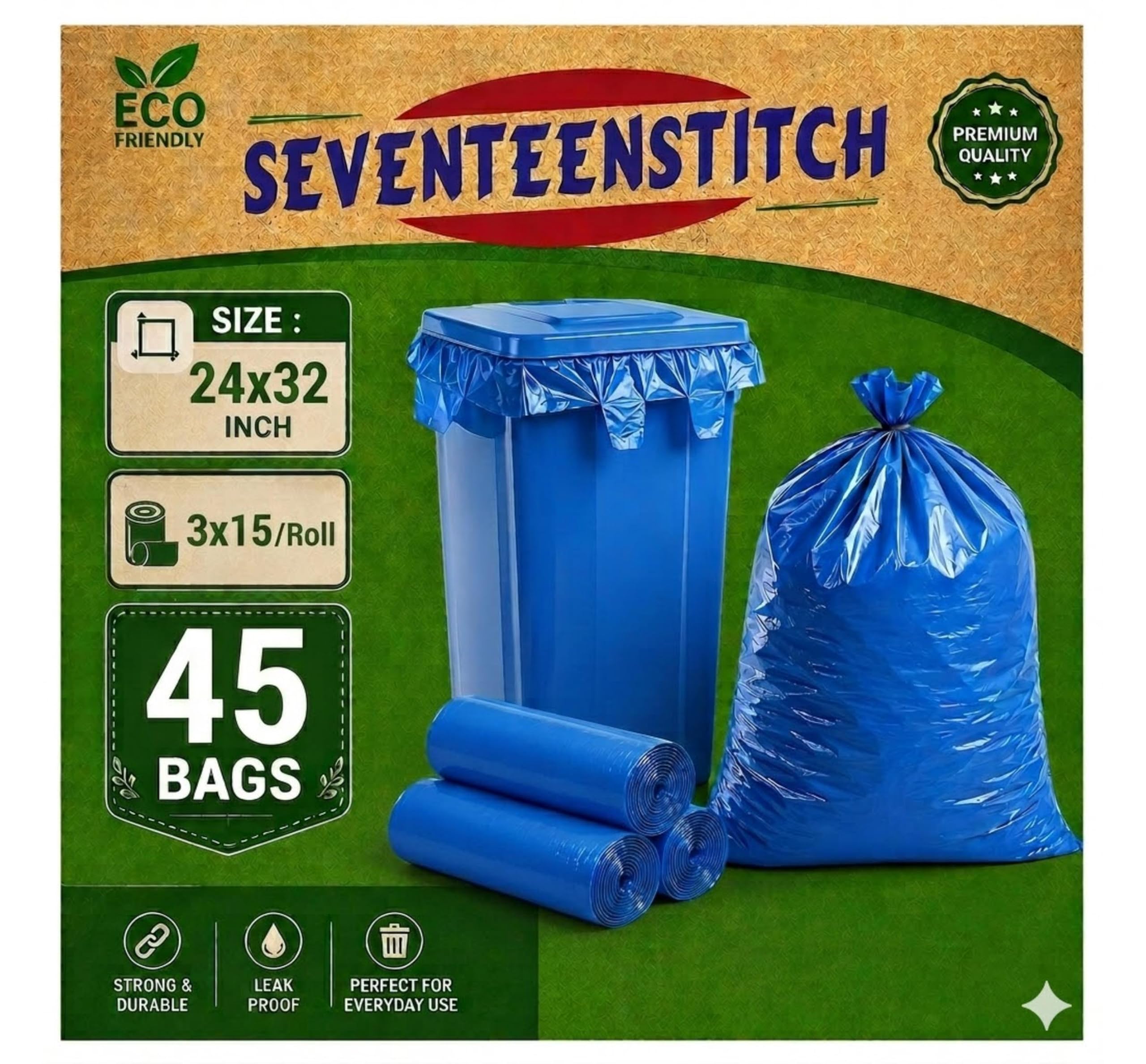 Large Trash Bags - 3 Rolls of 24x32 Blue Bags -1