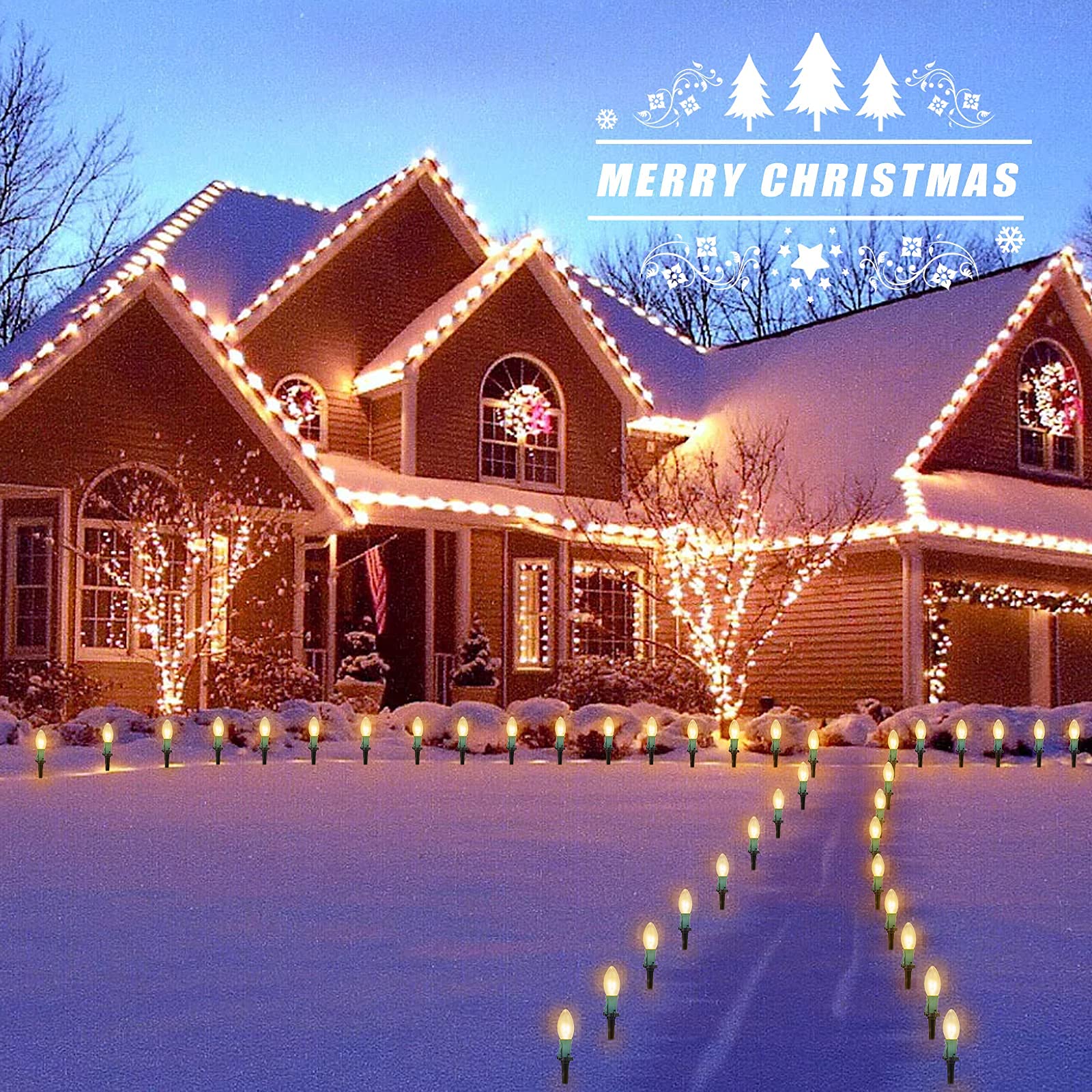 Tira de luces LED estilo sendero de Navidad para exteriores; tira de 20 luces LED C9 de 25.7 pies con 20 estacas conectables y a prueba de agua para interiores, fiestas de Navidad y decoración comercial; luz cálida color blanco 7