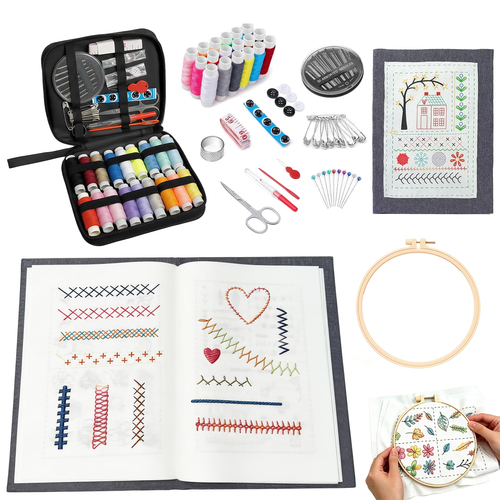 EVOCKAY 2026 New Embroidery Stitch Book Kit - Ideal Cross Stitch & Embroidery Kit for All Skill Levels - Beginner-Friendly Sewing Kit with Instructions & Embroidery Hoop