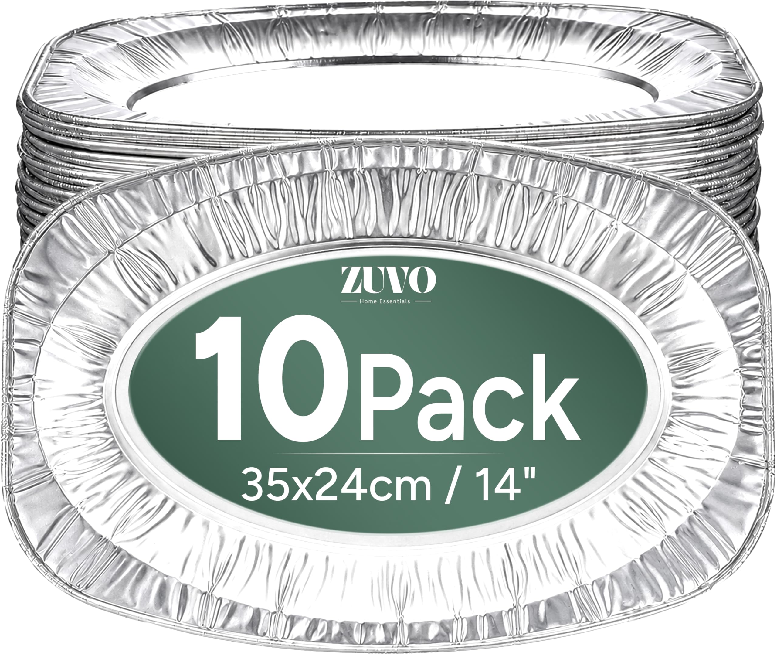 Zuvo Serving Platters for Party Food - Pack of 10 - Large Aluminium Foil Trays - 35x24cm / 14" - Oven & Freezer Safe Buffet Serving Platters for Parties, Sliver