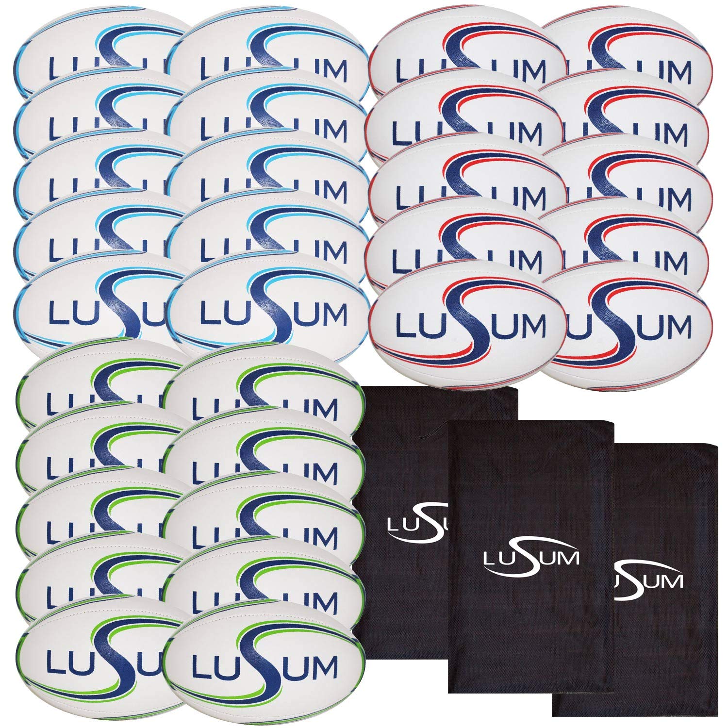 Lusum 30 x Training Rugby Balls with 3 Ball Bags - Club Rugby Training Balls - Includes 10 x Size 3, 10 x Size 4 and 10 x Size 5 balls and 3 x Bags