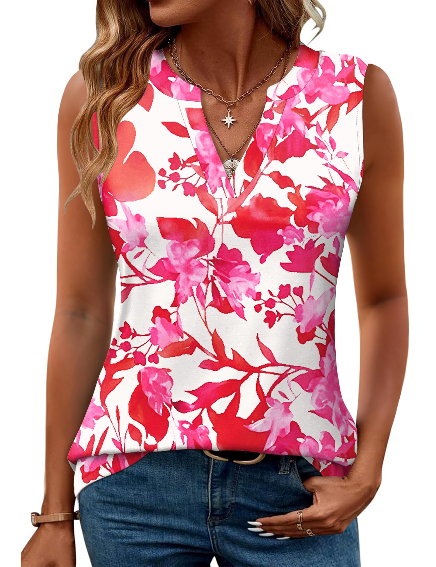 Romanstii Sleeveless Shirts for Women Casual Summer V Neck Tank Tops Dressy Blouses Tunic