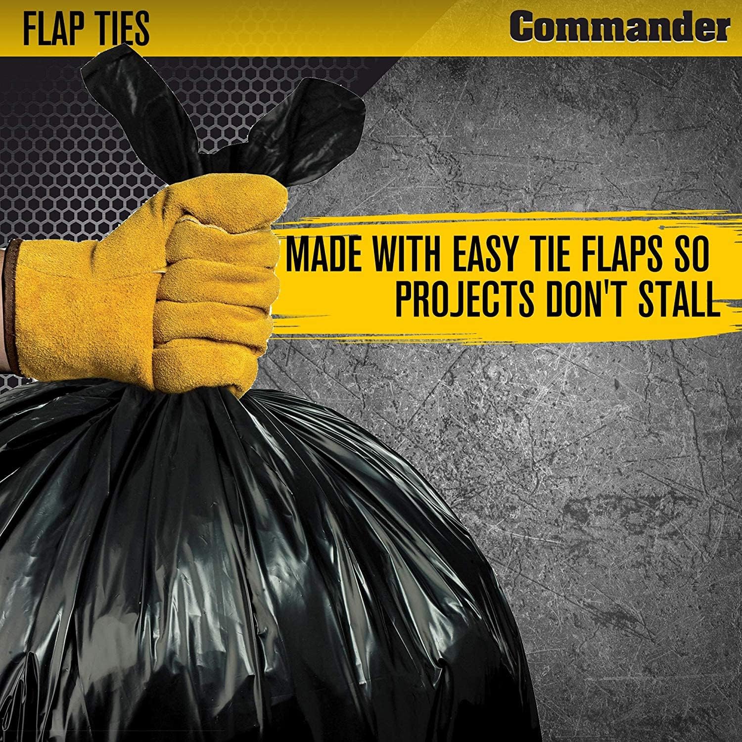 Commander 39 Gallon 1.2 MIL Black Garbage Bags with Flaps - 33" x 41" - Pack of 40 - For Home, Kitchen, Lawn, & Commercial
