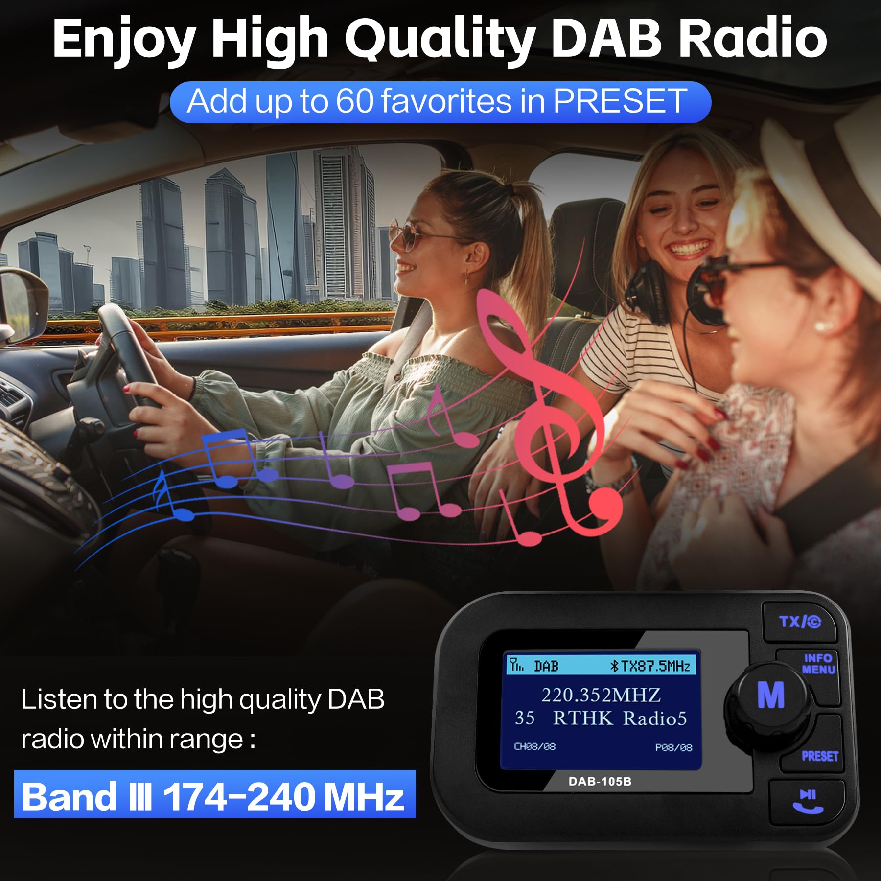 DeeprBetter DAB+ Adapter für Autoradio, DAB Adapter Stereoanlage mit 2,3 LCD-Display, Plug&Play Auto DAB Transmitter mit Bluetooth Freisprechen und Musik Spielen, Tragbarem DAB Empfänger mit Aux Out