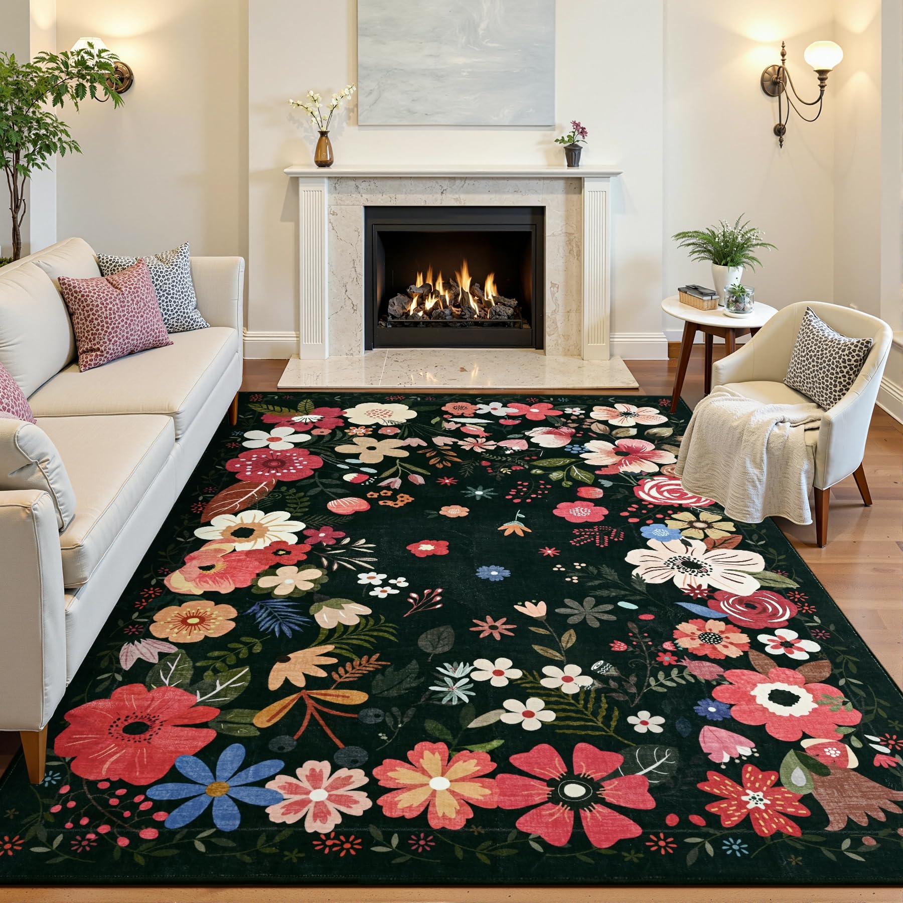 Photo 1 of Vasofe 5x7 Rug for Bedroom,Washable Rugs for Living Room, Dining Room, Indoor Floor Mat, Floral Printed Mats for Nrusery, Farmhouse, Laundry Room,Non Slip Low Pile Soft Modern Carpet, Black