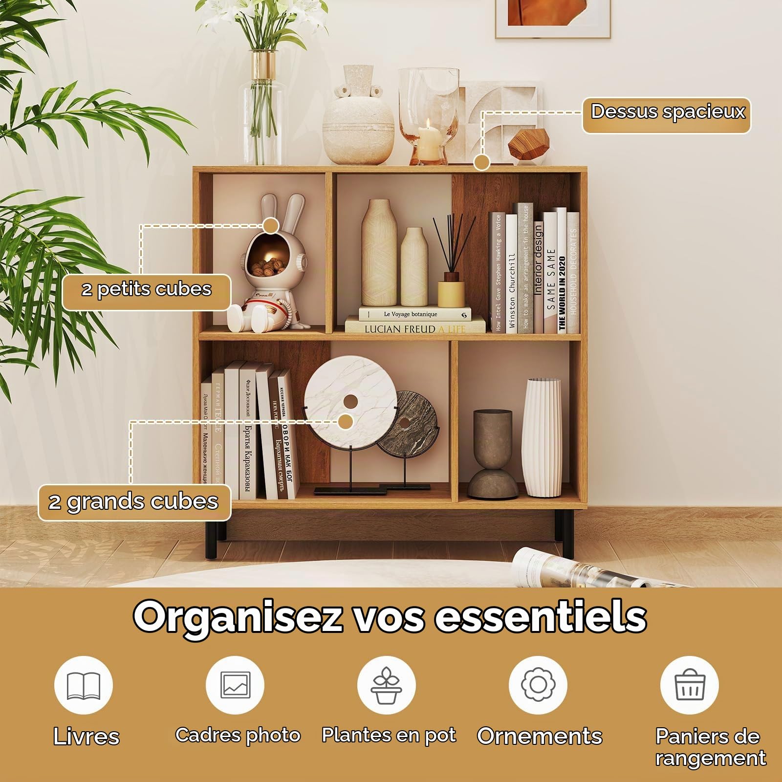 GIANTEX Meuble Étagère à 4 Cubes, Bibliothèque à 2 Niveaux avec Pieds en Métal, 2 Compartiments Semi-Ouvertes, Étagère de Rangement pour Appartements, Dortoirs, Bureaux, 90x30x90 cm (Naturel)