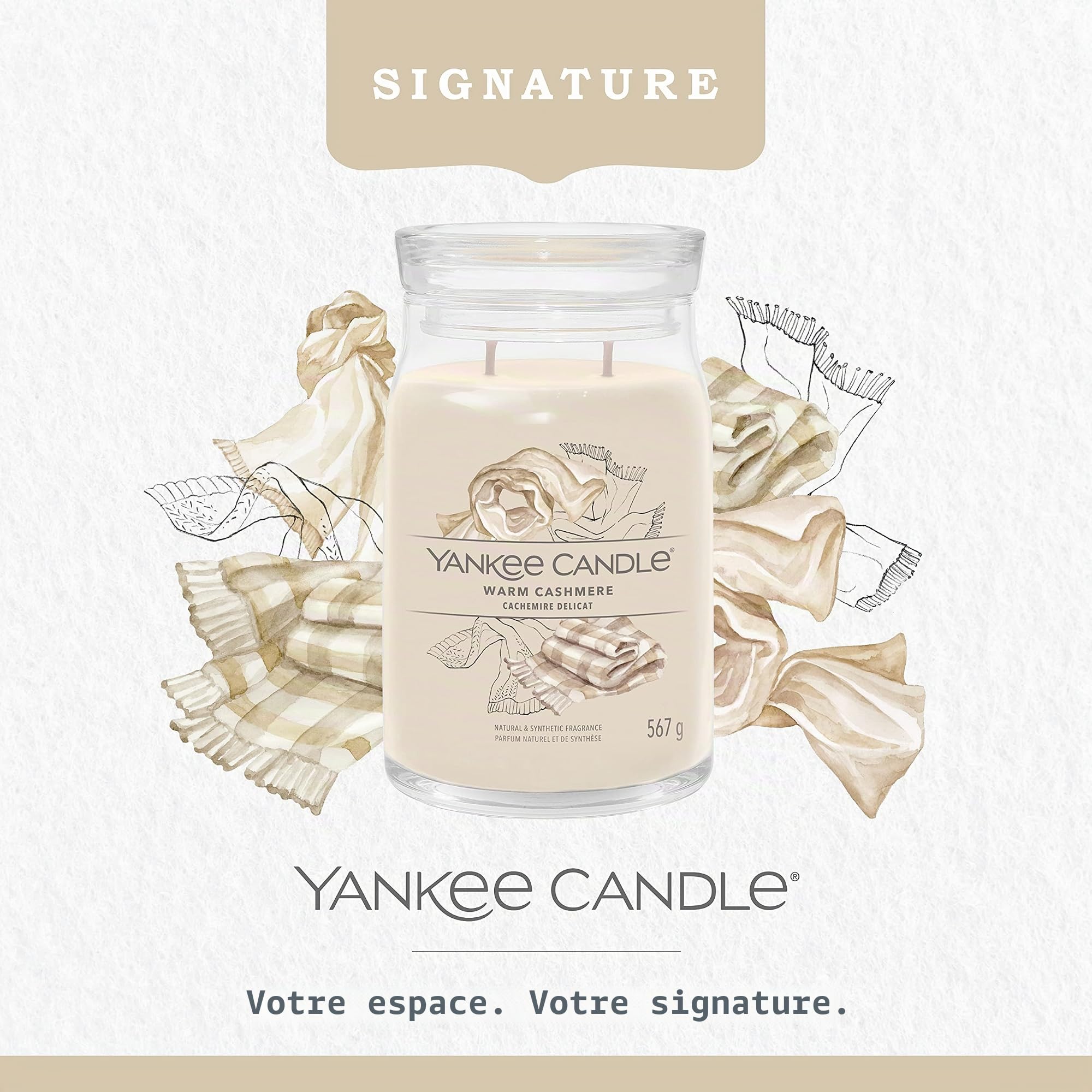 YANKEE CANDLE Signature Bougie parfumée Cachemire Délicat ; Grande Bougie Jarre Longue durée ; Mélange de cires de soja