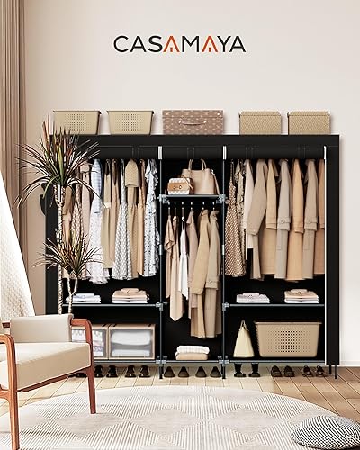 Miniatura 2 de Armario portátil, armario de 77.6 pulgadas de capacidad extra grande con cubierta, organizador de almacenamiento de ropa con estantes y 3 varillas