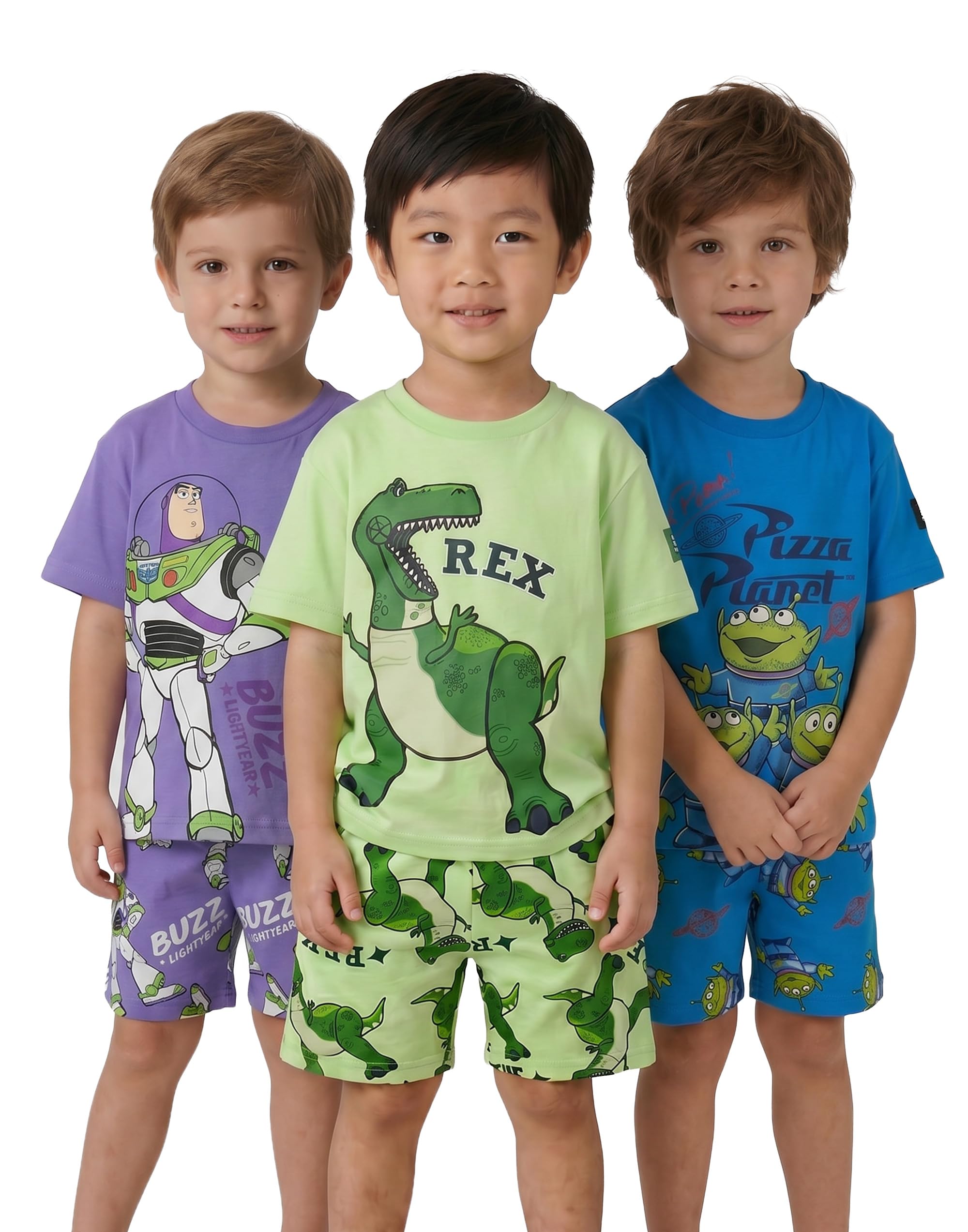 Disney Toy Story Boys Multicolour Pyjama Set | Buzz Lightyear Rex Aliens Graphic | Short Sleeve Shorts Nightwear | 3-Pack Bundle Sleepwear | Kids Bedtime PJs Merch - 5-6 Years
