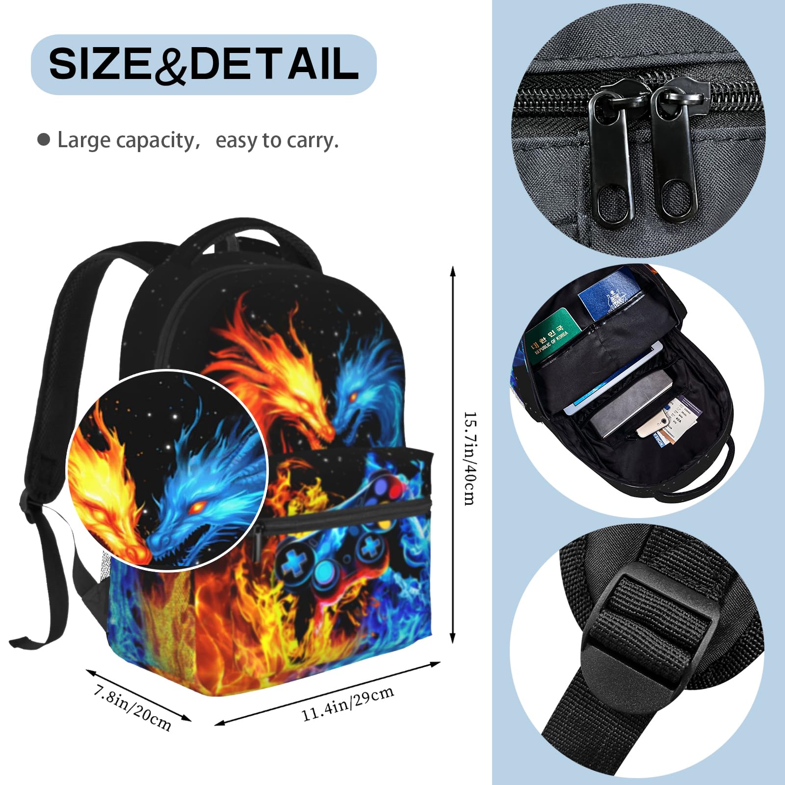 QuillGlyph School Boys Backpack Ages 8-10 Abstract Gamepad Backpack Fire Dragon Bookbag Water