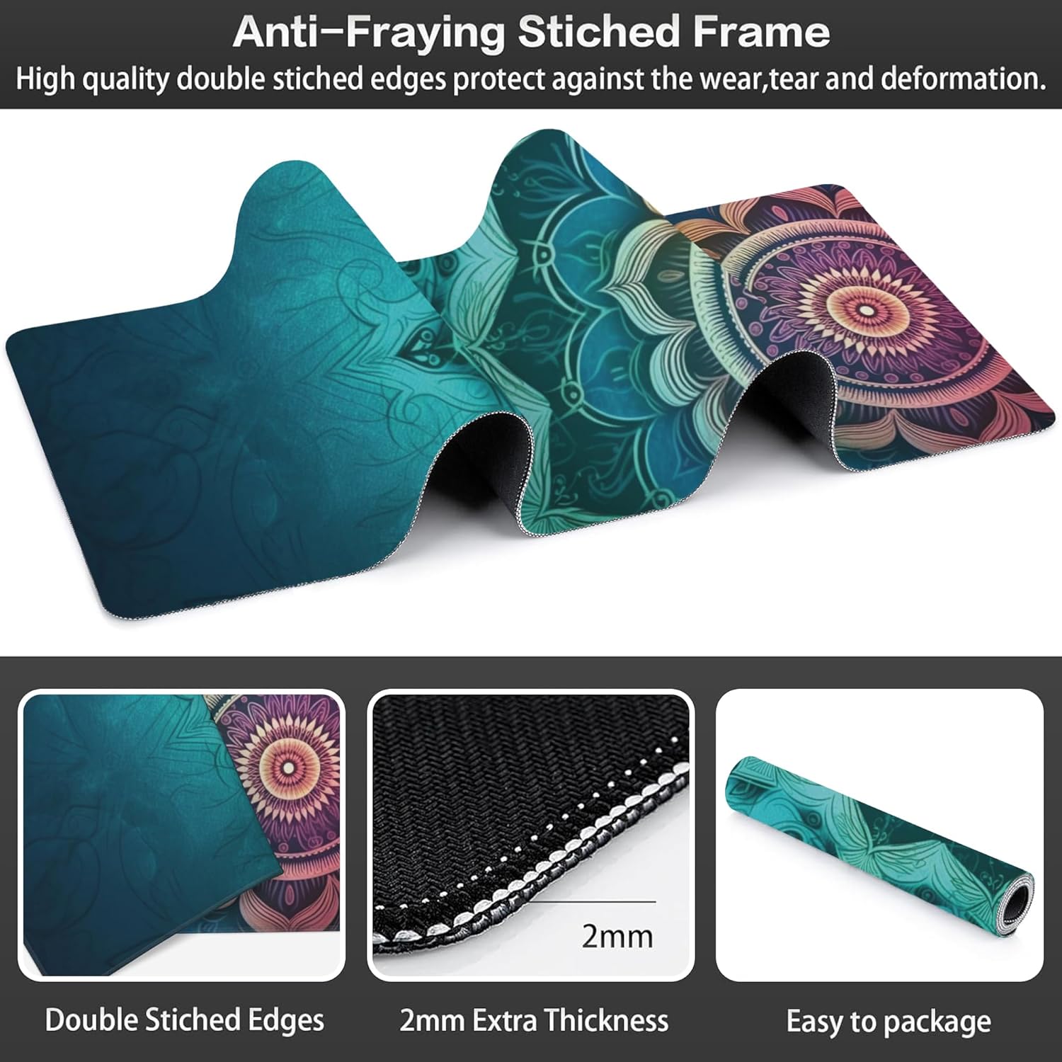 Desk Mat, Vintage Mandala Flowers Extended Large Gaming Mouse Pad XXL, Non-Slip Rubber Base Stitched Edges Long Computer Keyboard Desk Pad Mouse Mat for Home Office Gaming 35.4"X15.7" - Image 3