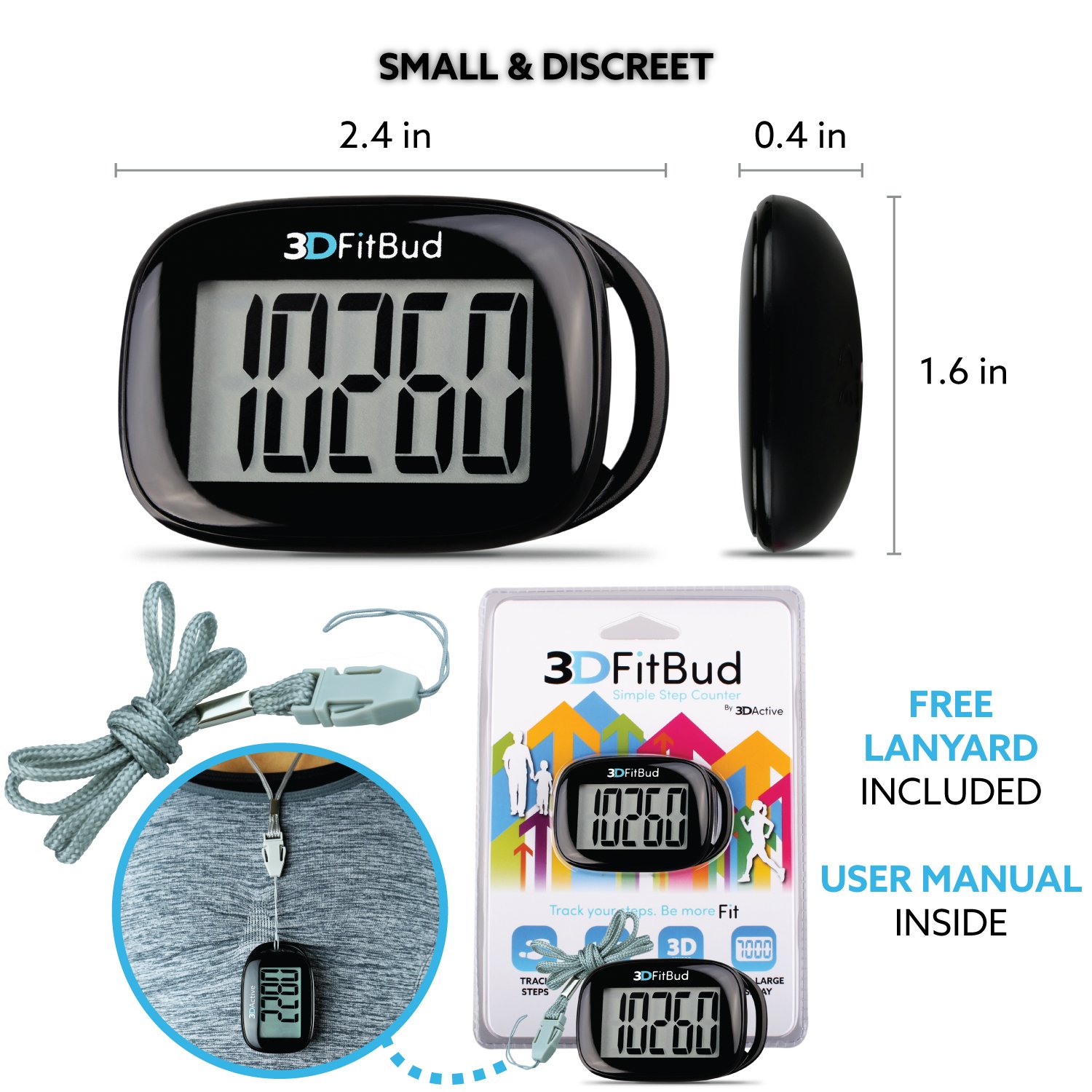 Step Counter 3DFitBud Simple Walking 3D Pedometer By 3DActive With Clip