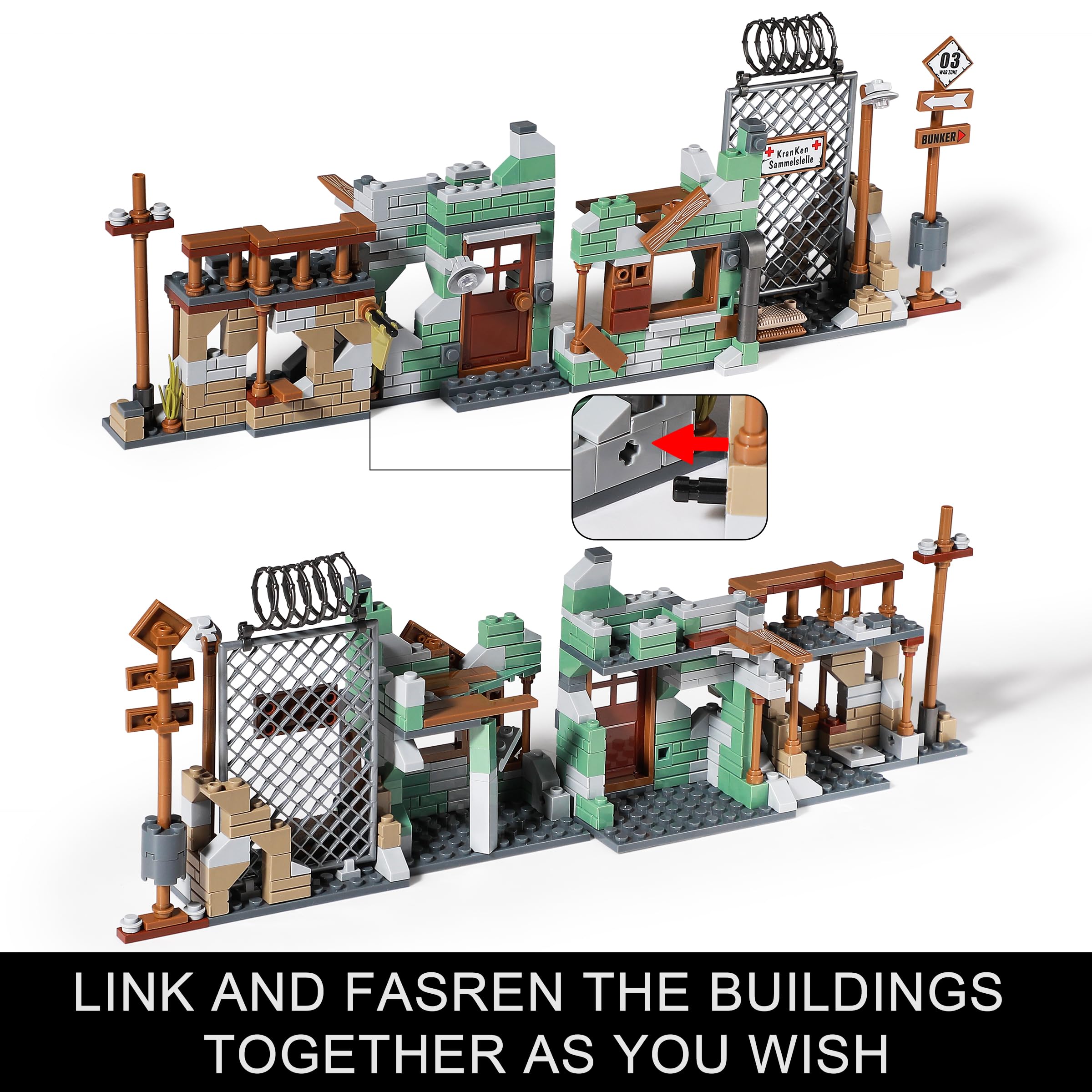 WW2 Military Base Building Set Compatible with Lego, Historical Army Toys Model Kit, Includes German Tiger I Tank, US Willys MB Vehicle & Bombed House, Gift Idea for Kids, Teens & Adults