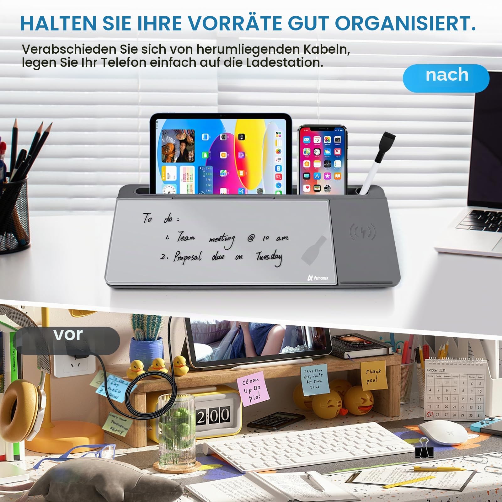 Varhomax Glas-Schreibtisch-Whiteboard mit kabellosem Ladegerät, trocken abwischbares Whiteboard mit Aufbewahrung, Schreibtischtafel, Buddy für To-do-Liste, Notizblock für Zuhause und Büro (Grau) | Whiteboard für den Schreibtisch, trocken abwischbar, mit A
