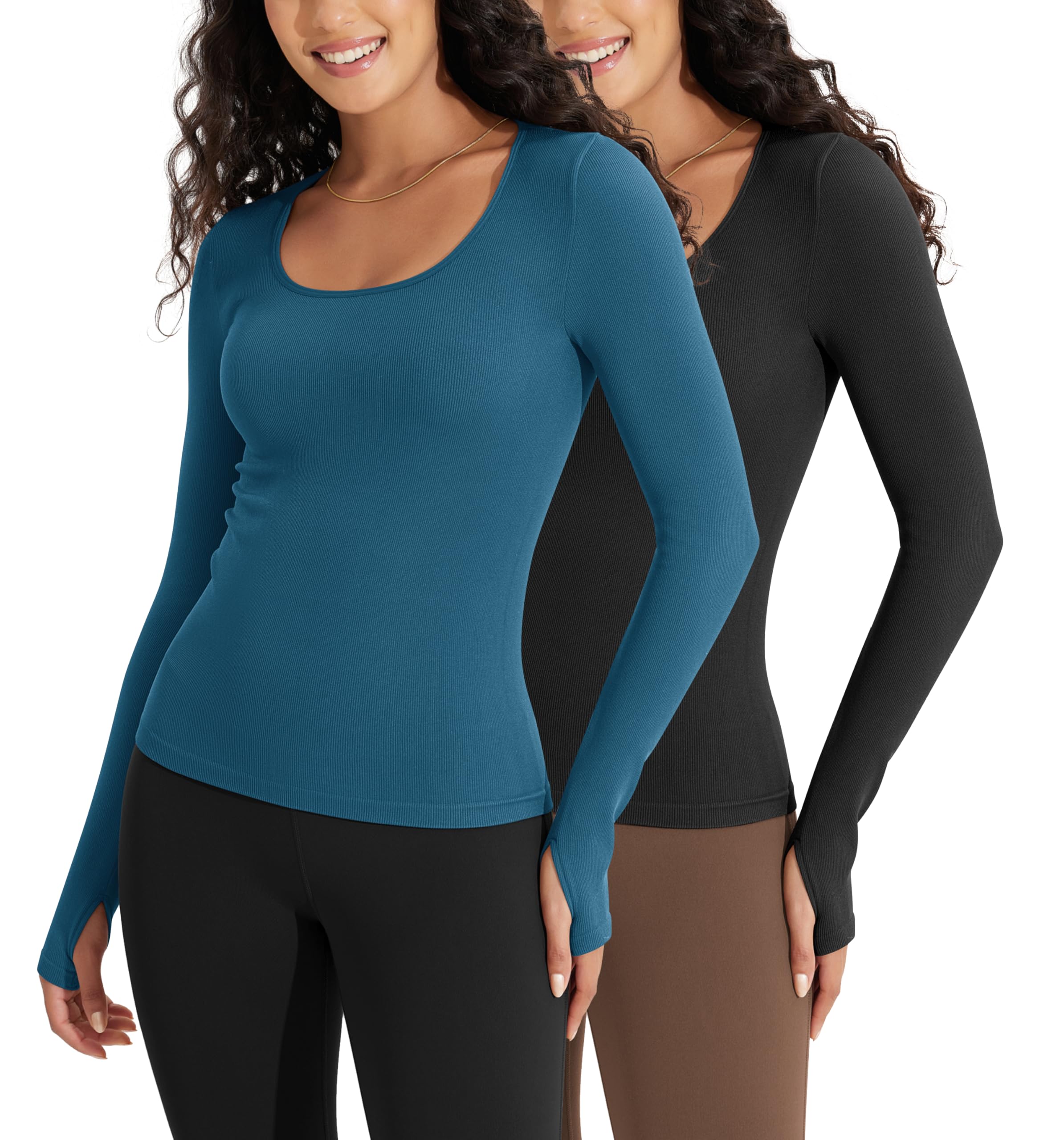 ODODOS Womens 2-Pack Long Sleeve Round Neck Tops Ribbed Knit Casual Tee Slim Fit Seamless Basic T Shirts, Black+Teal, Medium