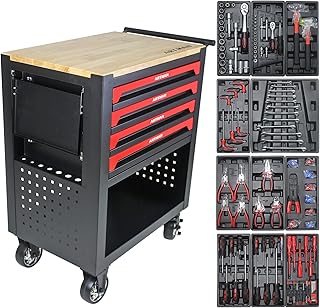 Tool Sets and 4 Drawers Tool Cart on Wheels,Drawers Rolling Tool Storage Box Tool Case with Wooden Top and Lock for Garage,Warehouse,Workshop,Repair Shop (4 Drawer with 100Pcs Tool Sets)