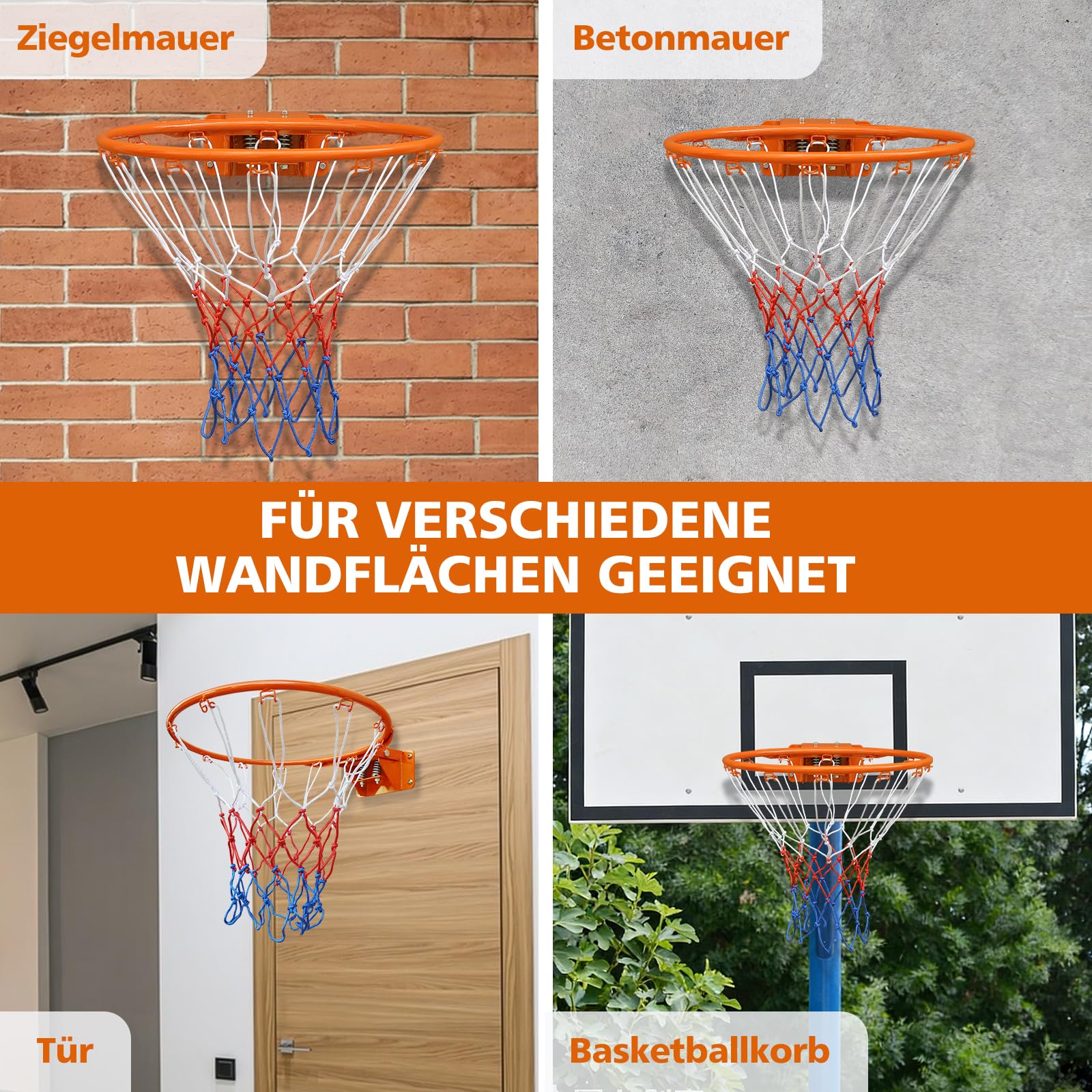 Stahl-Basketballkorb 45cm mit Doppelter Feder und Netz für Wand- und Bodenmontage