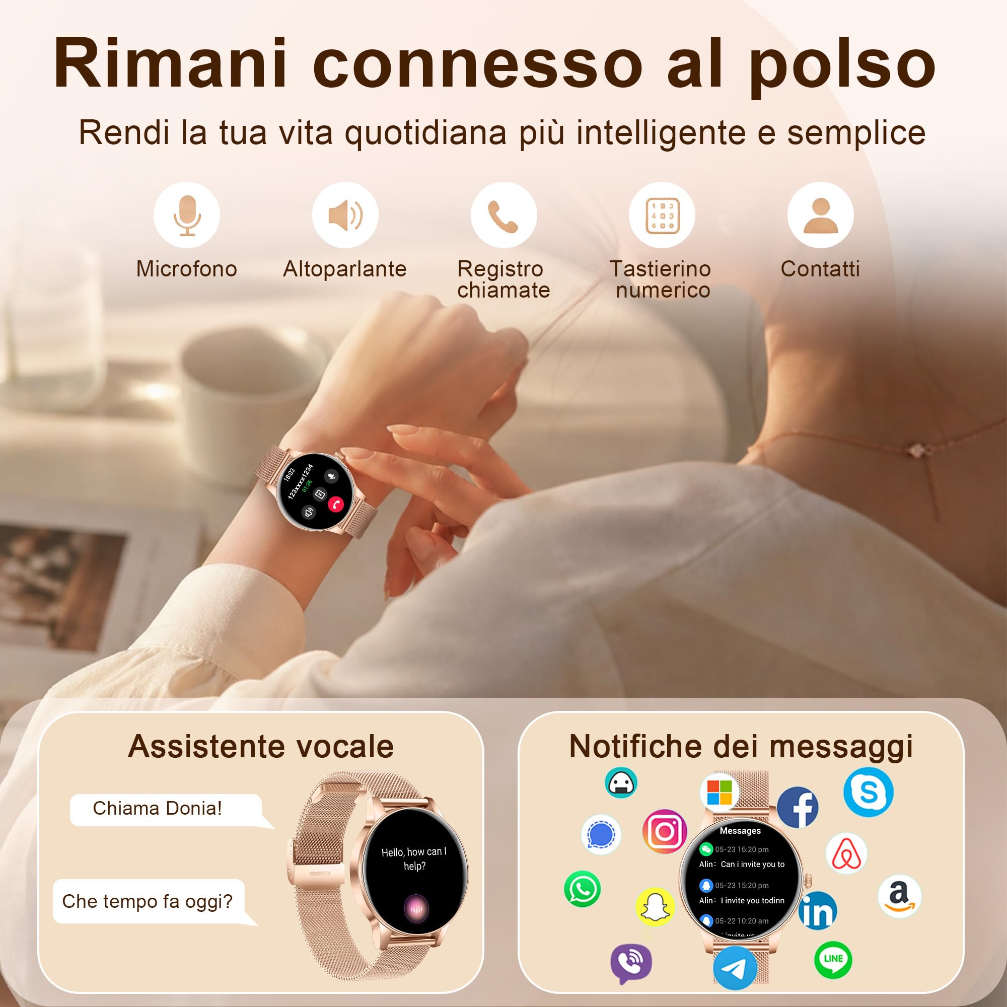 Smartwatch Donna con Chiamata Bluetooth, 1,27" HD 3 Cinturini | Orologio Fitness con Frequenza, Cardiaca, SpO2, Sonno, 100+ Sportive, Impermeabil IP68 per Android iOS Rosegold