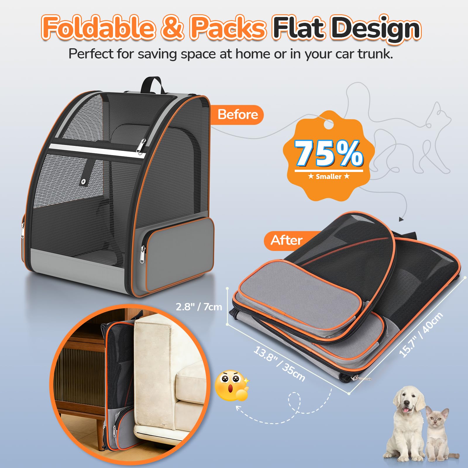 Cat Backpack Carrier Expandable for Outdoor - Foldable Cat Backpack with Breathable Mesh for Small Dog Puppy Kitten Up to 15 lbs - Soft-Sided Pet Carrier for Travel Hiking Camping (Gray) - image 8