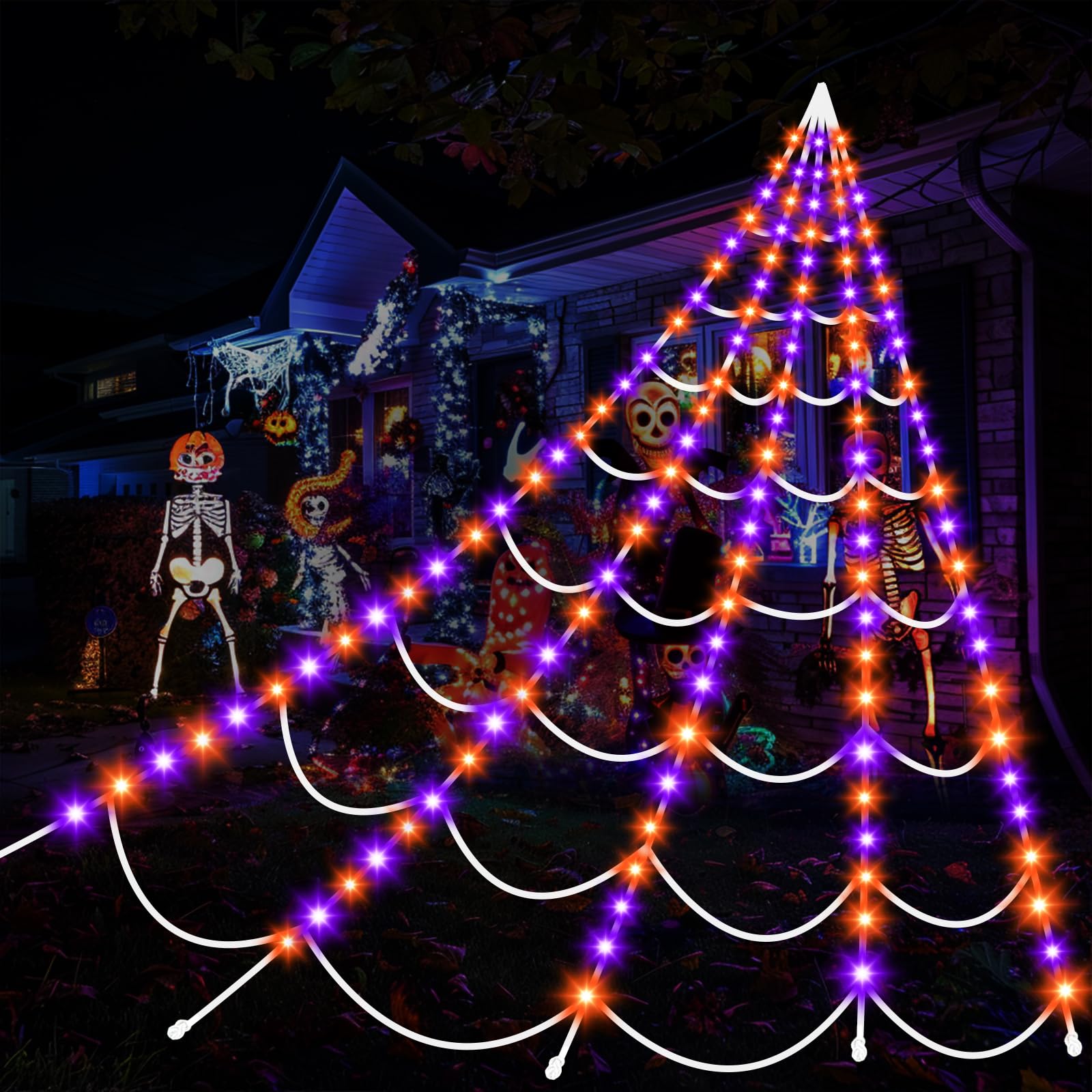 Dekoracje na Halloween: 200 fioletowych i pomarańczowych diod LED na Halloween do dekoracji na zewnątrz, gigantyczna pajęczyna 5 m z 8 trybami oświetlenia, wodoodporna i