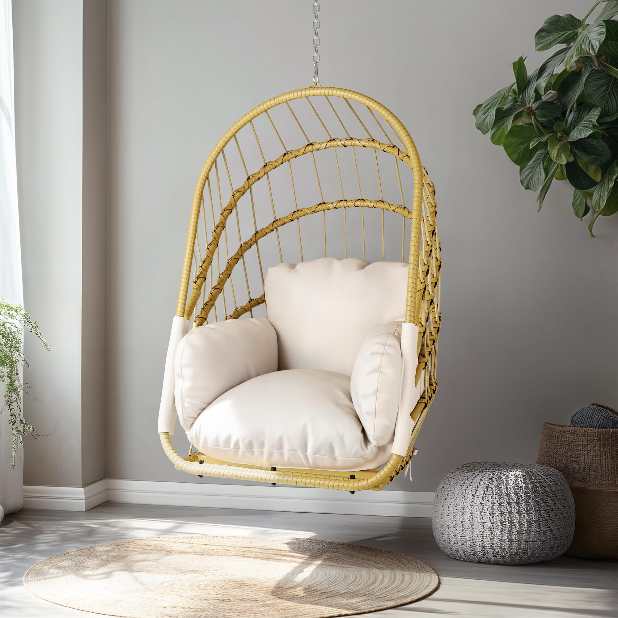 YITAHOME Hamaca Colgante sin Marco, Mecedora de ratán con cojín Lavable, Capacidad de Carga de 160 kg, Silla Colgante Plegable para terraza, jardín, Dormitorio y balcón, Color Beige