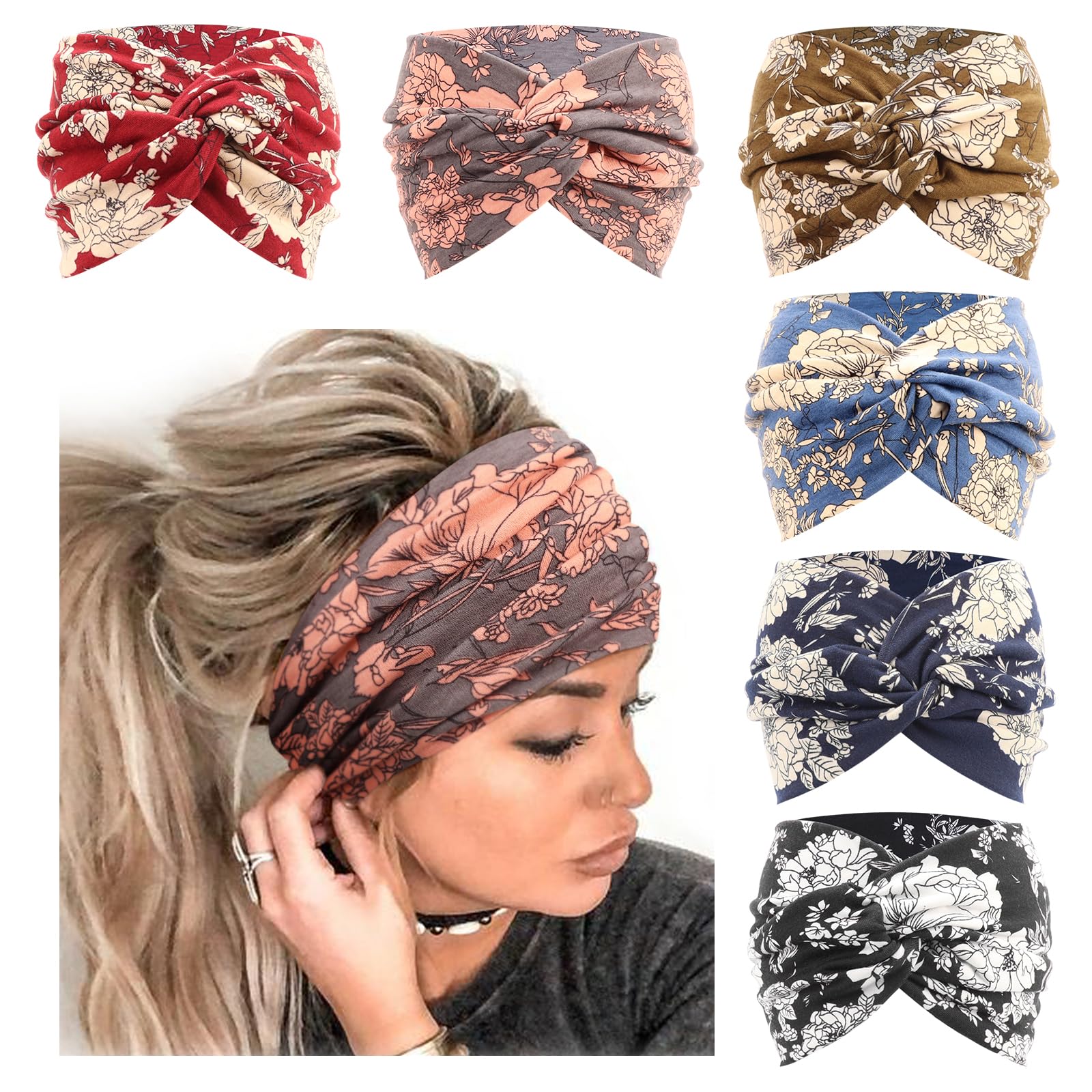 DRESHOW 6 Piezas Diademas Anchas Mujer Turbante Boho Head Wrap Elástico